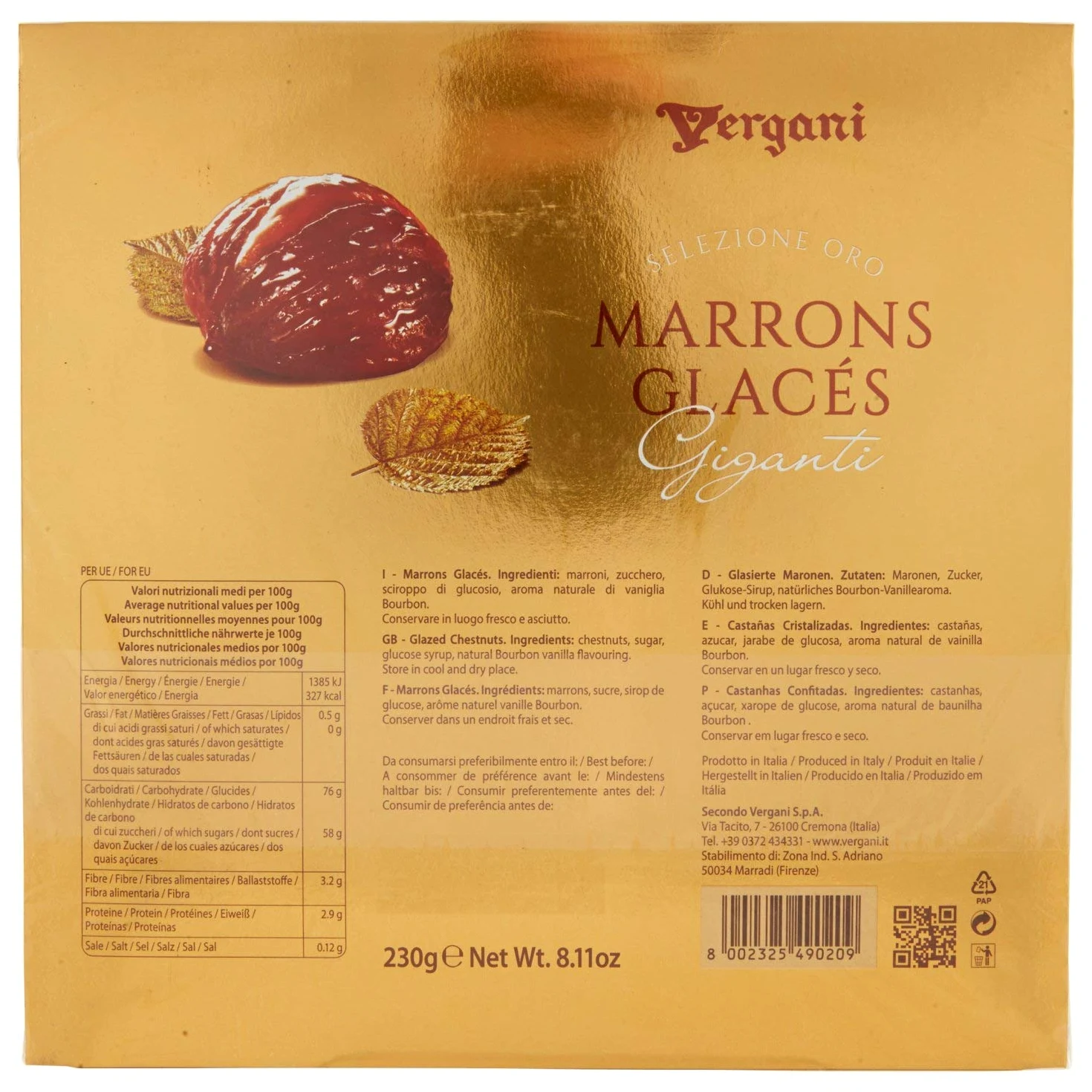 Vergani Marron Glace Interi Confezionati Singolarmente, 230g