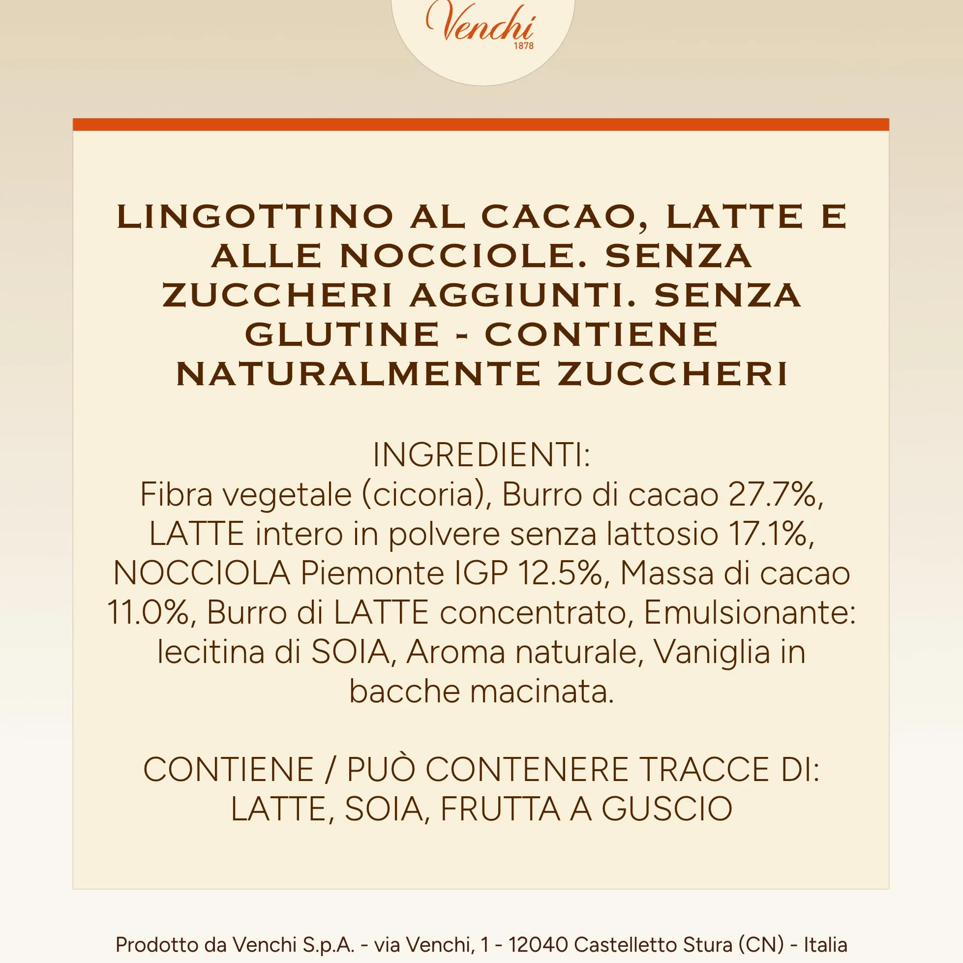 Venchi - Lingottino Nocciolato Latte -70% di Zuccheri - Cioccolatino con Nocciole Piemonte IGP intere, 1 kg - Senza Glutine