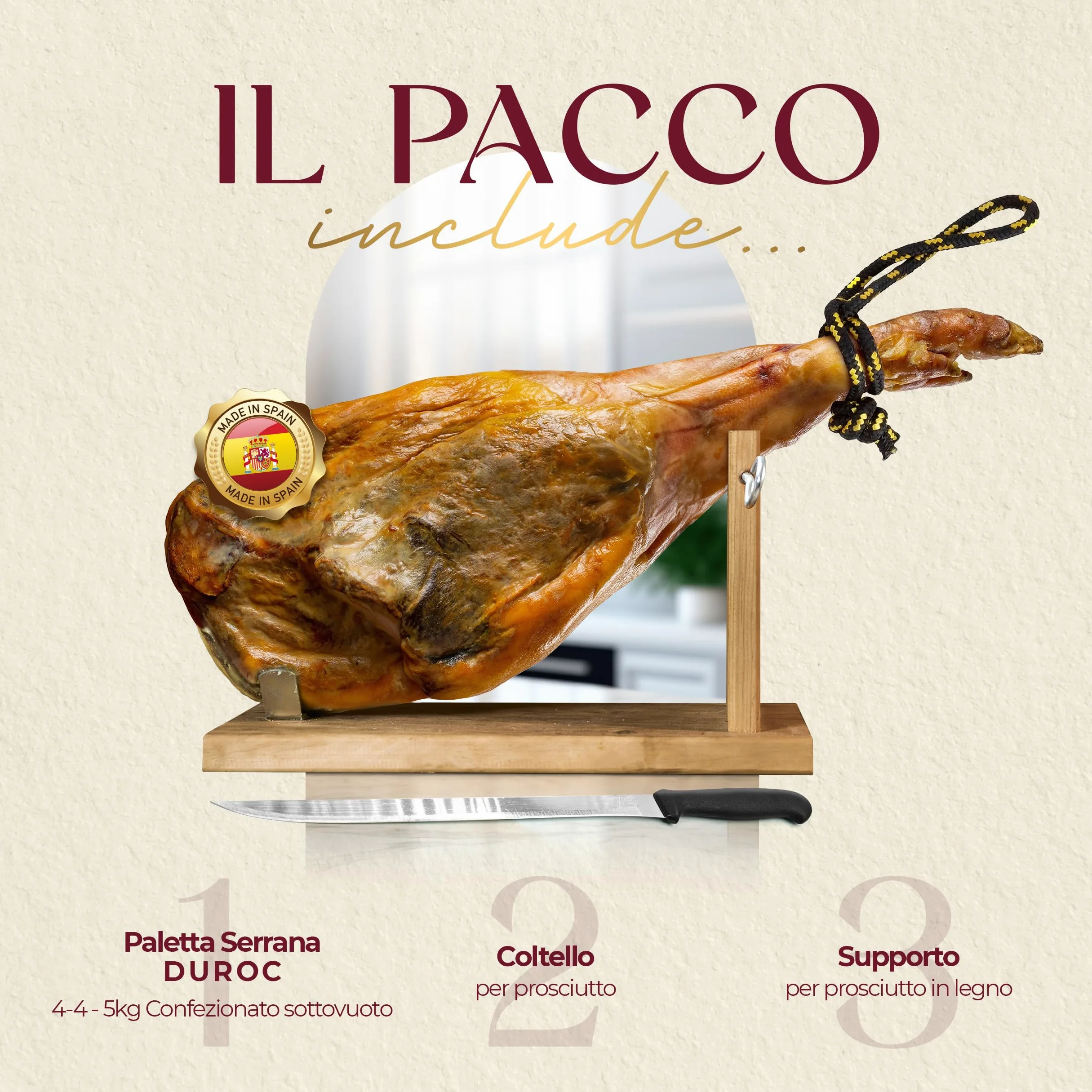 JAMCURRO Prosciutto Crudo Intero DUROC 4,5-5 kg Spalla - Jamon Serrano, Include Porta Prosciutto e Coltello per Prosciutto Spagnolo - Prosciutto Serrano - 12 Mesi di Stagionatura - Jambon Spagnolo