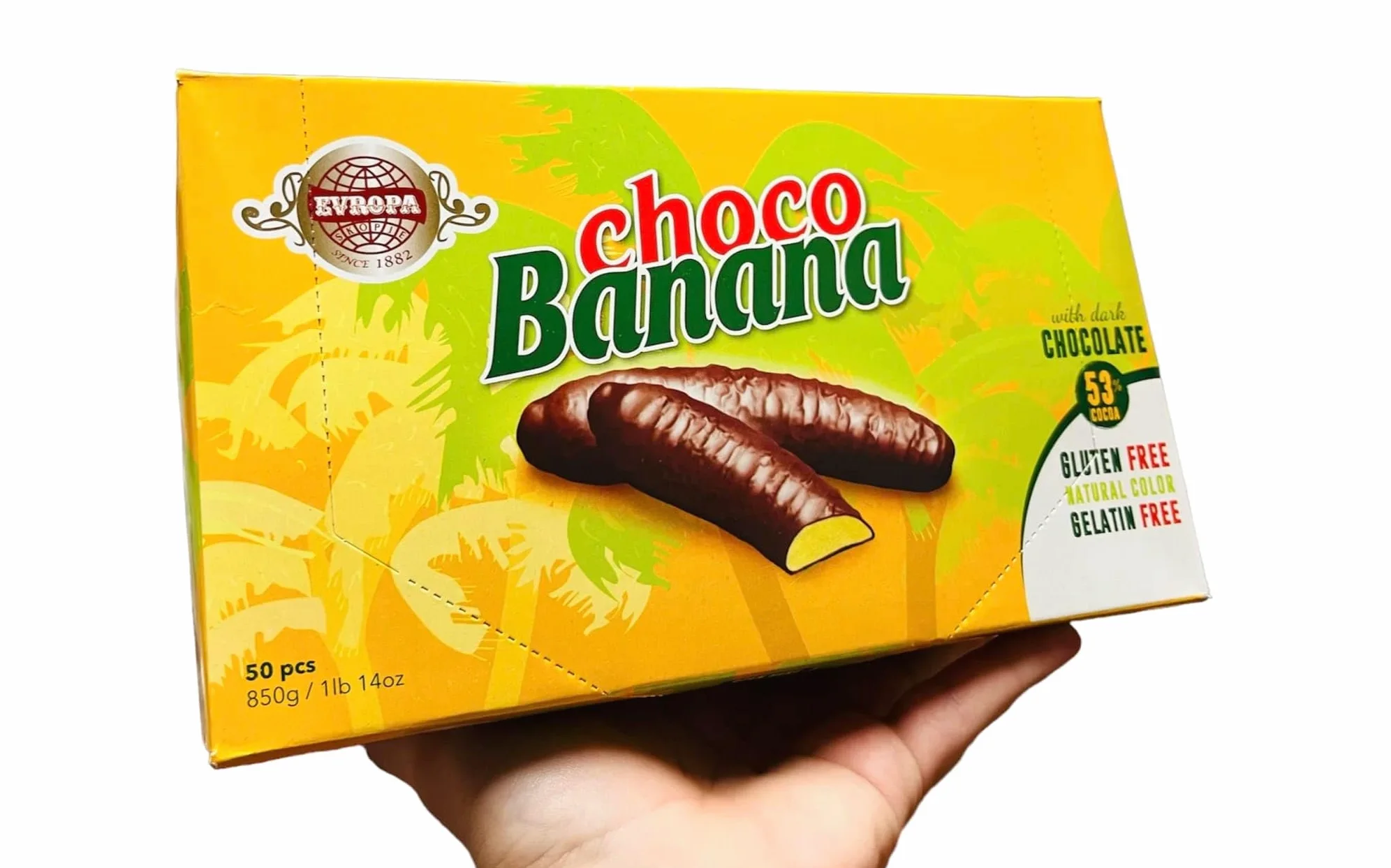Evropa Choco Banana, Barrette al Cioccolato Fondente Senza Glutine e Gelatina, Confezione da 50 Pezzi, 850g, Gusto Banana