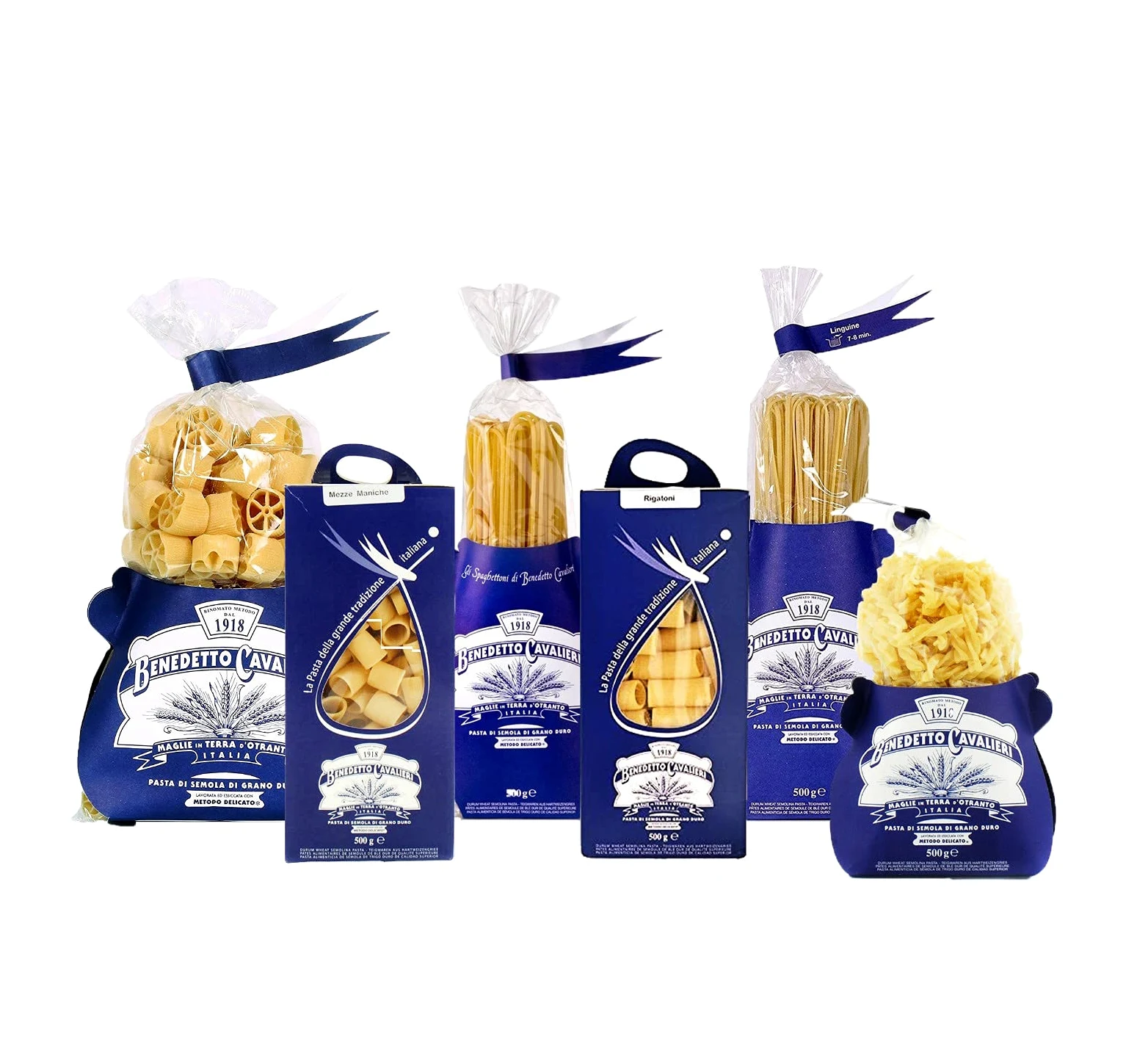 BOX DEGUSTAZIONE LU SOLE PASTA CAVALIERI SPAGHETTONI - RUOTE PAZZE - RIGATONI - MEZZE MANICHE - LINGUINE - FUSILLI PASTA DI SEMOLA DI GRANO DURO - PRODOTTO ARTIGIANALE MADE IN SALENTO (6 X 500gr)