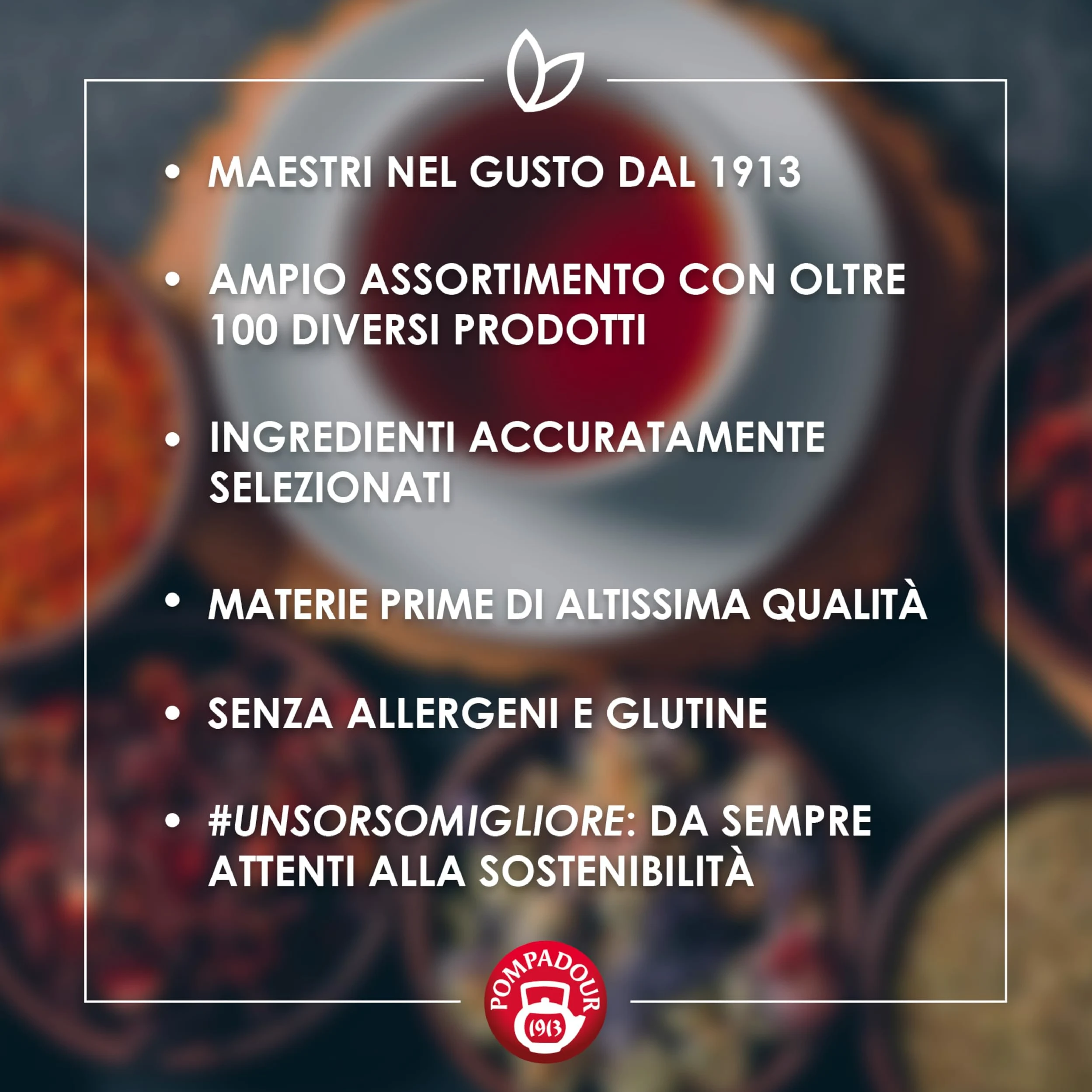 Pompadour, Box Infusi e Tè Freddi 15 Bustine x 8, Karkadè Cocco, Lime Menta, Lampone Limone, Pesca Maracuja, Frutti di Bosco e Menta, Mango Ananas, Ice Tea Limone, Ice Tea Pesca Mango