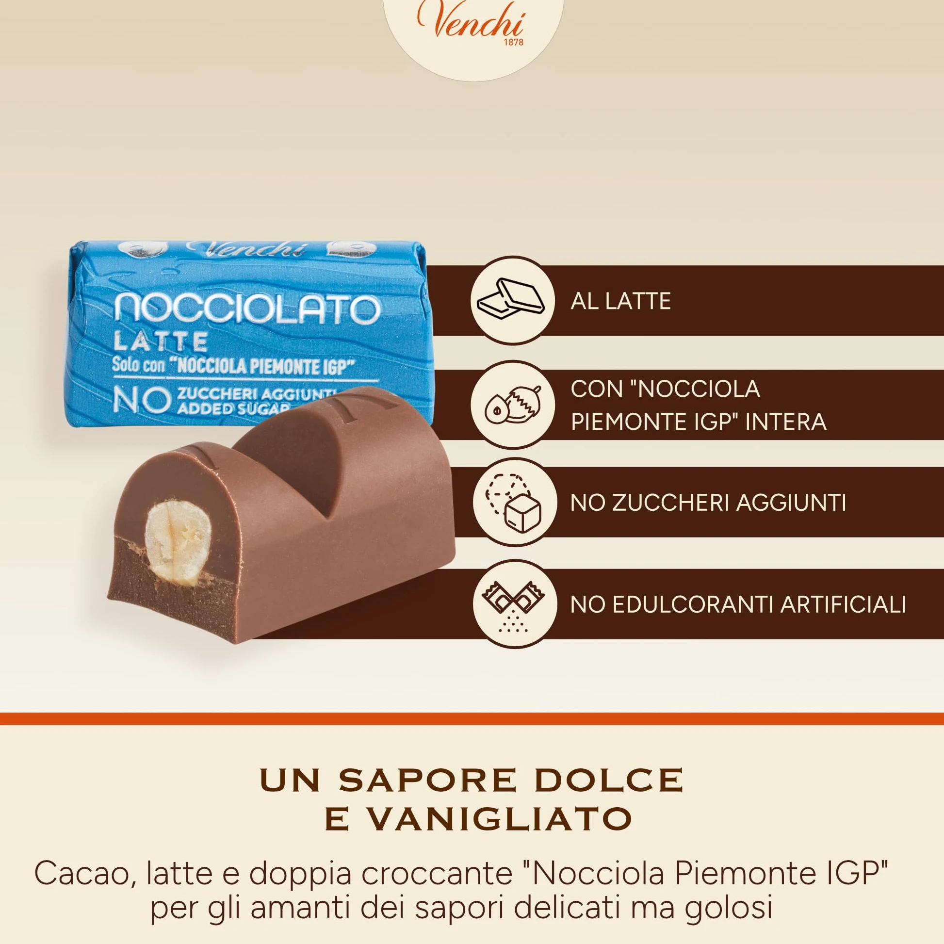 Venchi - Lingottino Nocciolato Latte -70% di Zuccheri - Cioccolatino con Nocciole Piemonte IGP intere, 1 kg - Senza Glutine