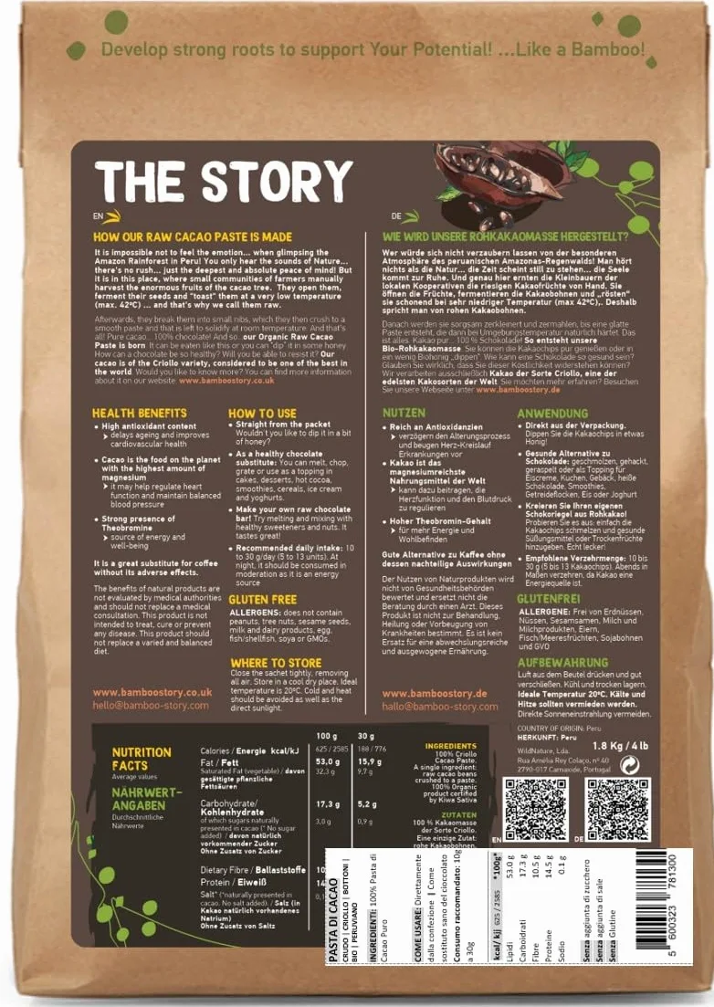 Crudo | BAMBOO STORY | Pasta di Cacao in Bottoni | Criollo | Biologico/BIO | 100% Cacao | Senza zuccheri aggiunti | 1,8 kg | Origine 100% Perù