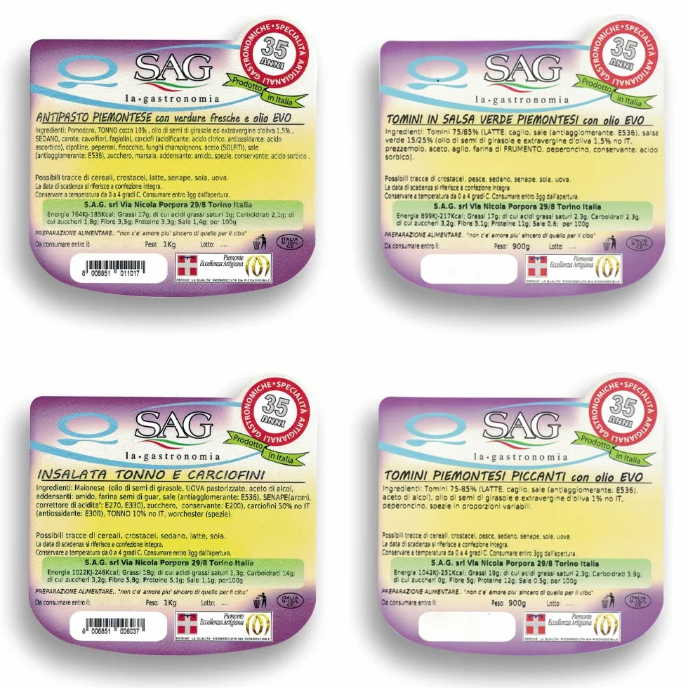 Cesto specialità gastronomiche piemontesi con antipasto piemontese, insalata tonno e carciofi, tomini verdi e piccanti (Confezione 4 pz. da Kg) – SAG