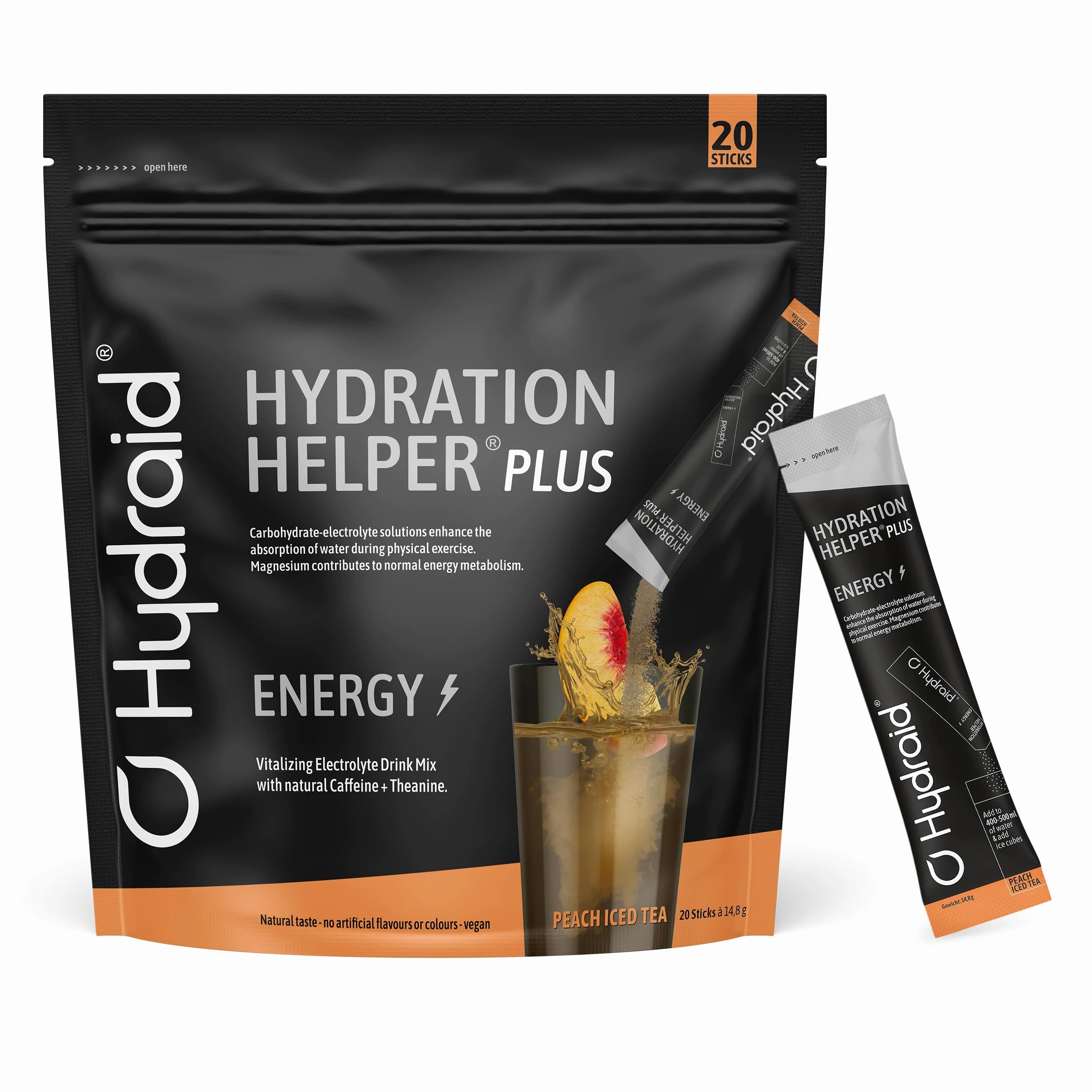 Hydraid Hydration Helper® PLUS ENERGY Tè freddo alla pesca – Polvere di elettroliti con caffeina – Più energia & più concentrazione – 20 bustine con estratto di tè verde e teanina