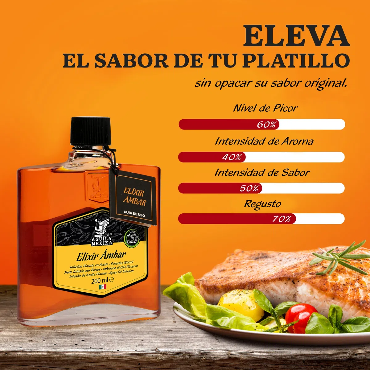 ÁGUILA MEXIKA | Elíxir Ámbar - Infusione naturale di Olio Piccante di 3 varietà di peperoncino messicano: Chipotle, Morita & 'Rojo de Árbol', e Aglio, in Olio Vergine d'Oliva.