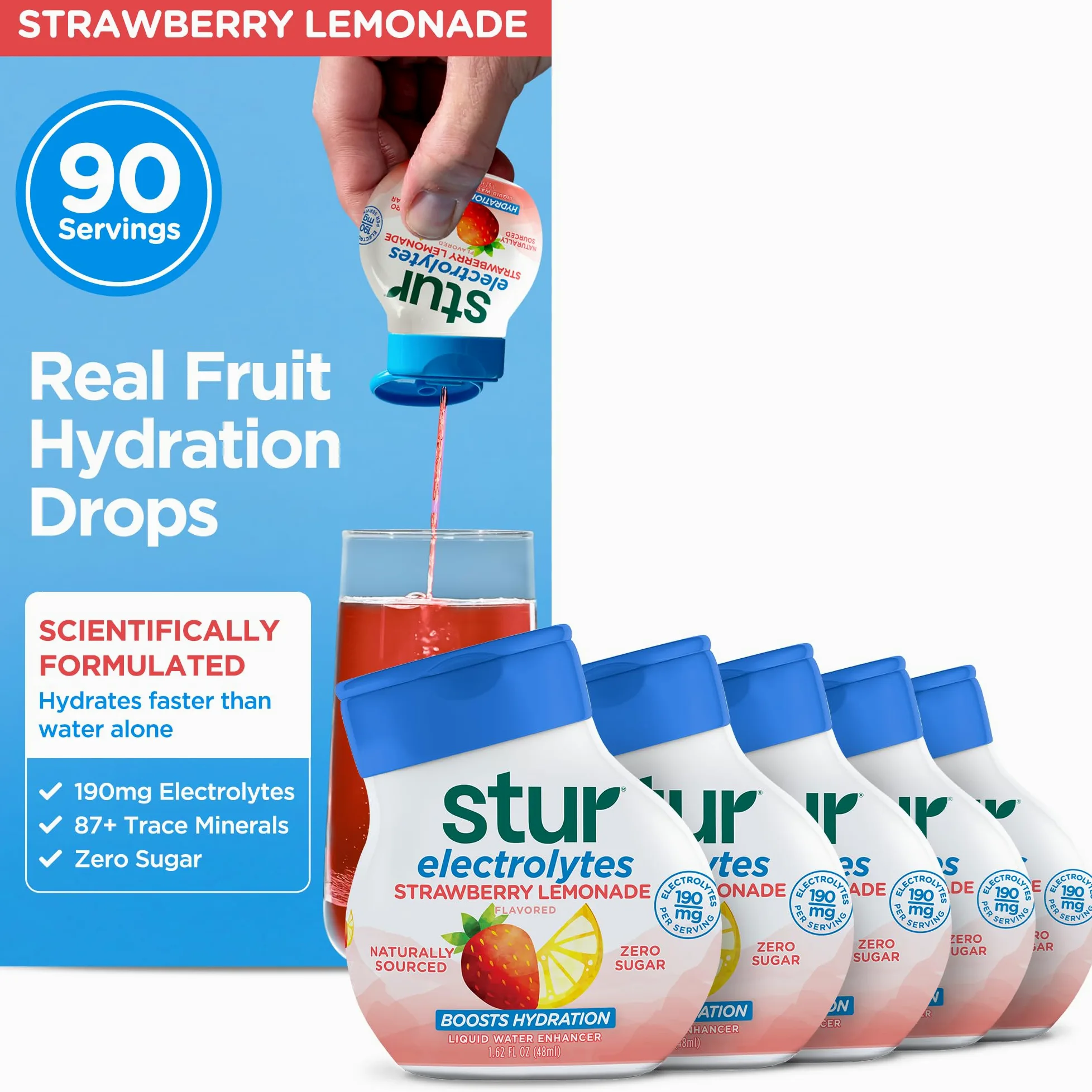 Stur Elettrolita Water Enhancer | Dolcificato con Stevia | Alto contenuto di vitamina C e antiossidanti | Senza zucchero | Zero calorie | Keto | Vegano | 5 bottiglie, per 90 bevande (limonata alla