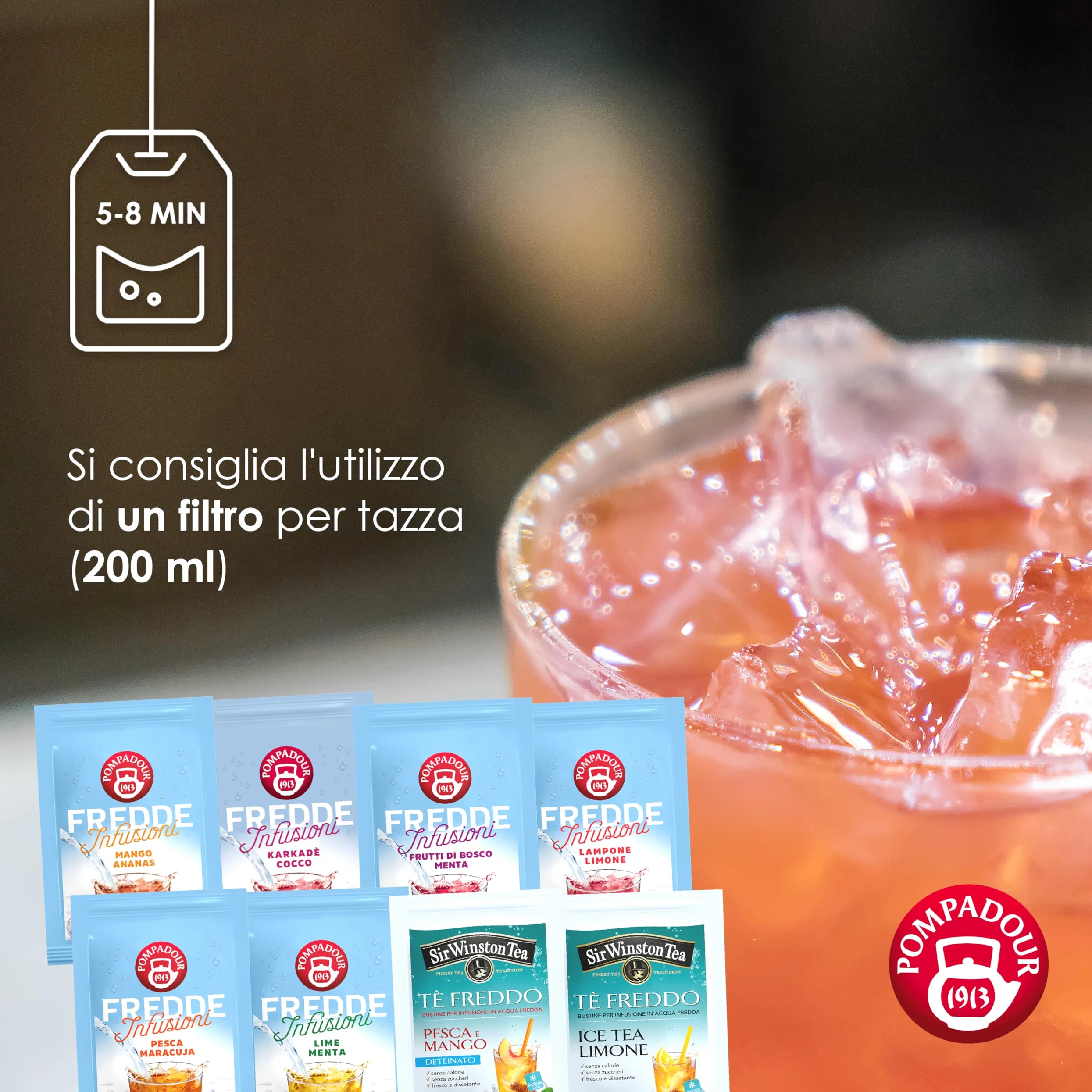 Pompadour, Box Infusi e Tè Freddi 15 Bustine x 8, Karkadè Cocco, Lime Menta, Lampone Limone, Pesca Maracuja, Frutti di Bosco e Menta, Mango Ananas, Ice Tea Limone, Ice Tea Pesca Mango