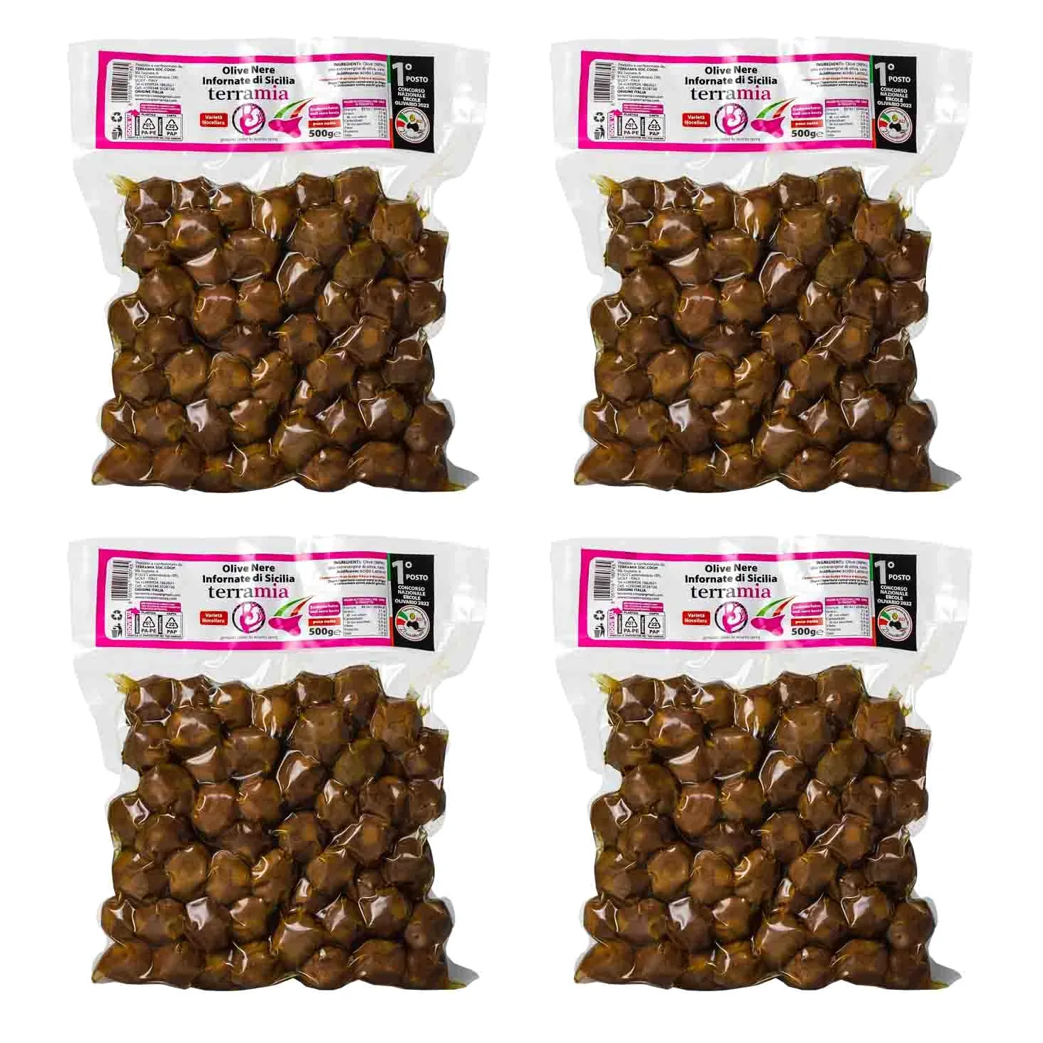 Terramia Olive Nere Infornate Siciliane – Ricetta Artigianale Tradizionale, da Azienda Premiata Ercole Olivario e Monna Oliva, Formato Scorta 2kg (4 Buste x 500g)