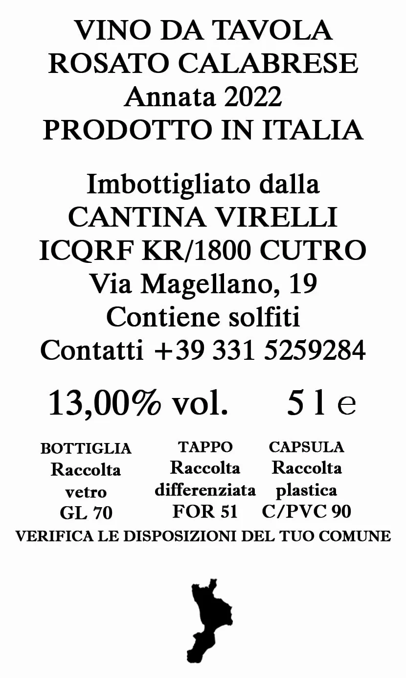 Vino Calabro il Puttino | Rosato Intenso | Botte del Contadino | Bag in Box da 5 litri | Cantina Virelli | Cutro | Non filtrato | Artigianale (10 litri)
