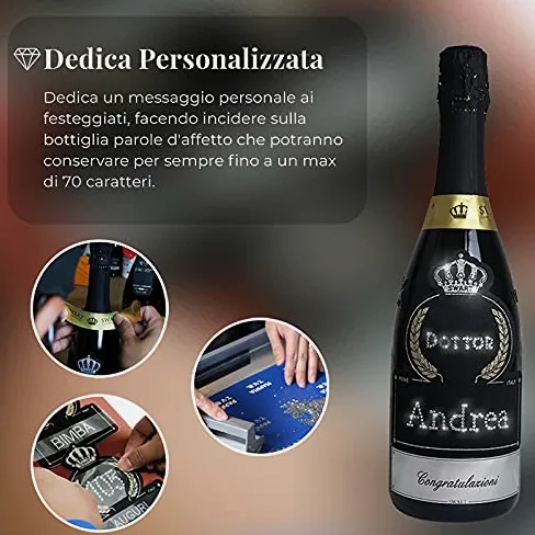 Bottiglia per Festa di Laurea PERSONALIZZABILE - Bottiglia regalo spumante italiano 0,75L con scritta Auguri Dottore in autentici cristalli e possibilità di personalizzare il nome (AUGURI DOTTORE)