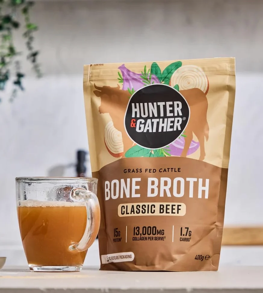 Hunter & Gather Brodo di Ossa di Manzo in Polvere 400g | 15g di Proteine & Collagene da Bovini Europei Nutriti a Erba | Istantaneo, Senza Glutine | Non Serve Refrigerazione | 74 kcal/porzione