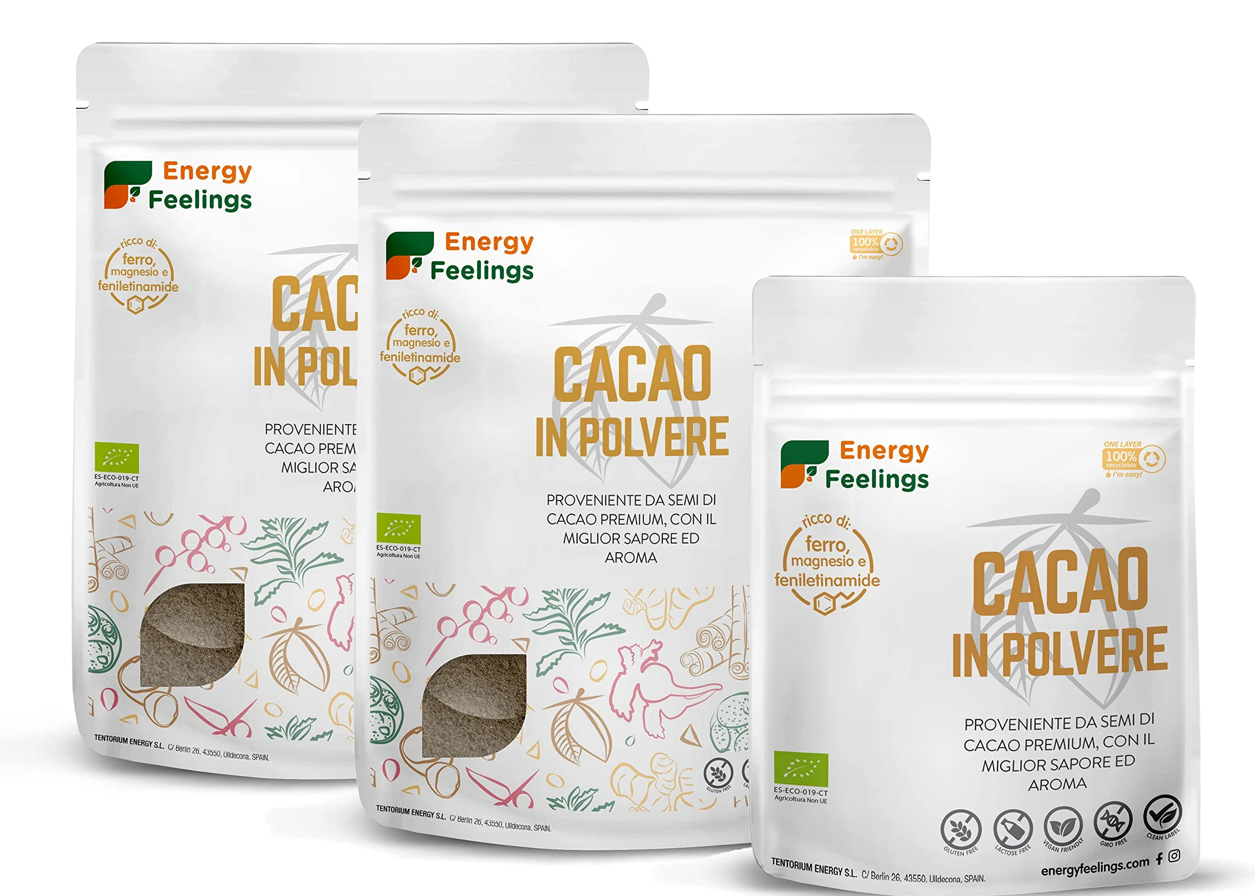 Energy Feelings Cacao Crudo BIO in Polvere 1 Kg, Cacao Sgrassato senza Zucchero, Glutine nè Lattosio, Vegano, Antiossidante