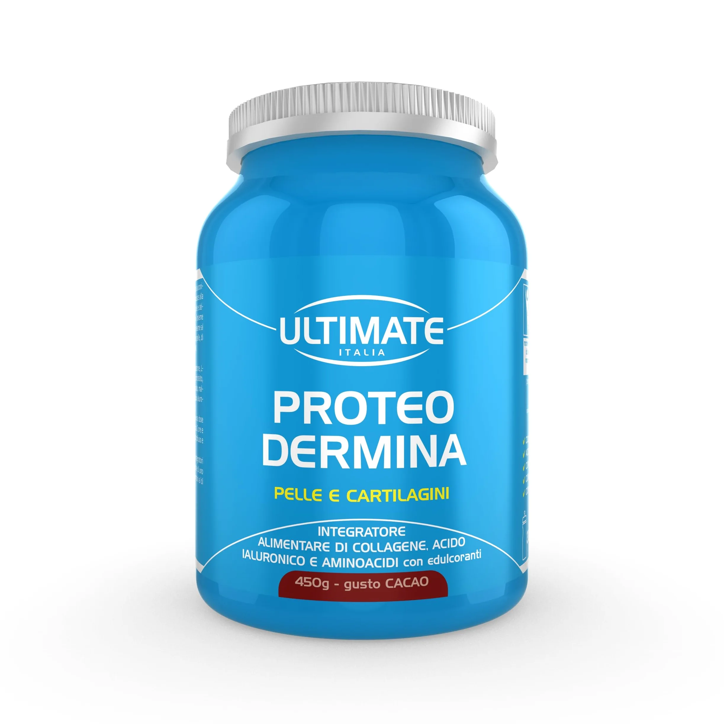 Ultimate Italia - Proteo Dermina - 450g - gusto cacao - Integratore di collagene e acido ialuronico per mantenere la pelle giovane e supportare cartilagini, legamenti e tendini