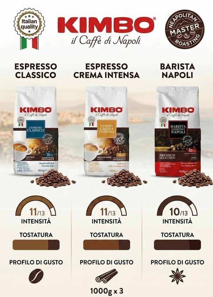 Set Degustazione Caffè Kimbo in grani: Classico, Espresso Napoli e Crema Intensa 1 kg x 3