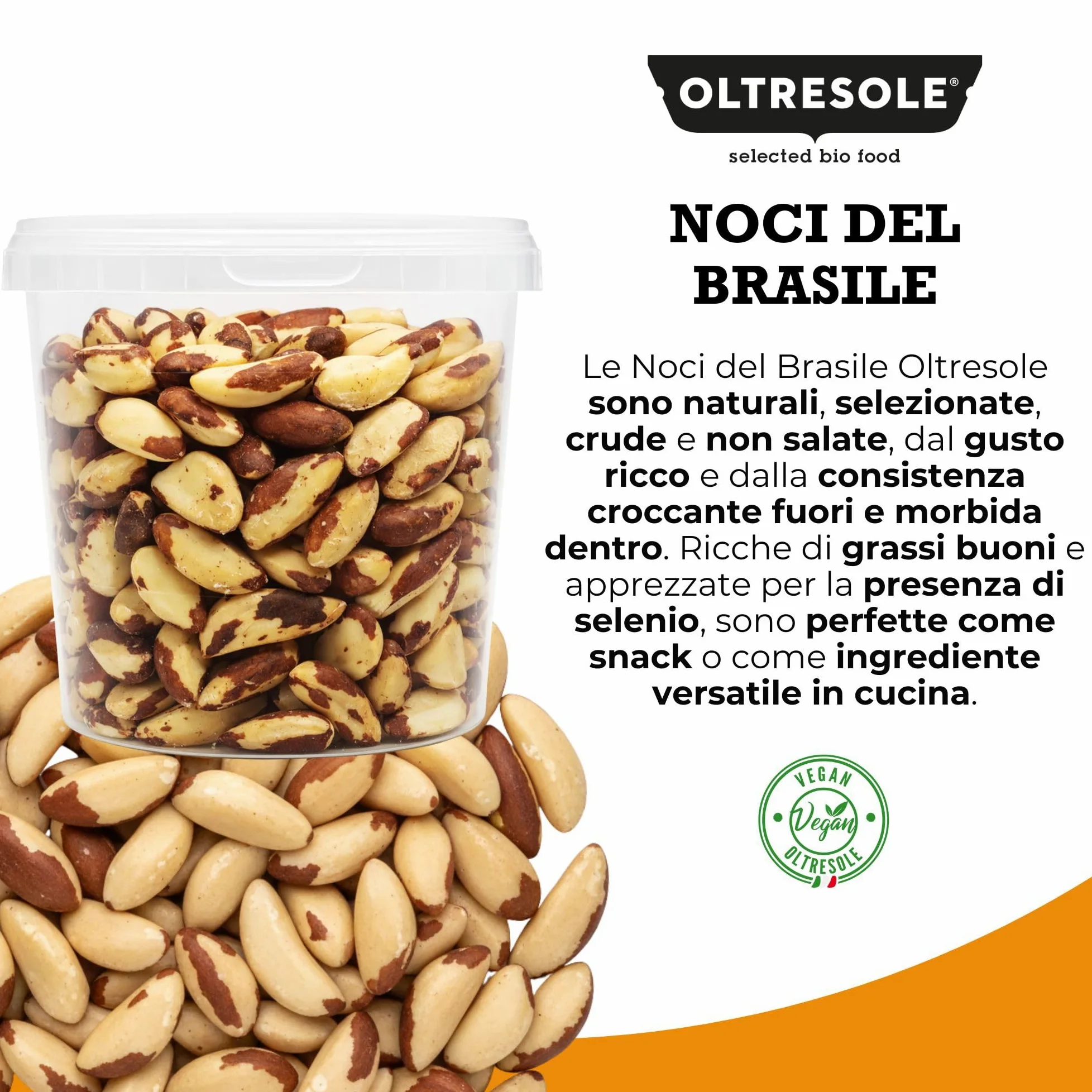 Oltresole, Noci del Brasile Crude Sgusciate 1 Kg, Frutta Secca Naturale Senza Sale, in Barattolo Richiudibile, Snack Salutare dal Gusto Burroso