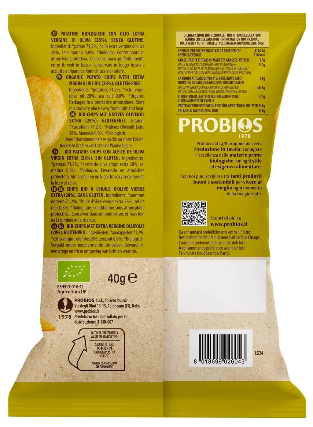 Probios Patatine Biologiche con Olio Extravergine di Oliva - Snack Senza Glutine e Irresistibilmente Croccanti - Qualità Premium - Confezione da 25 x 40g