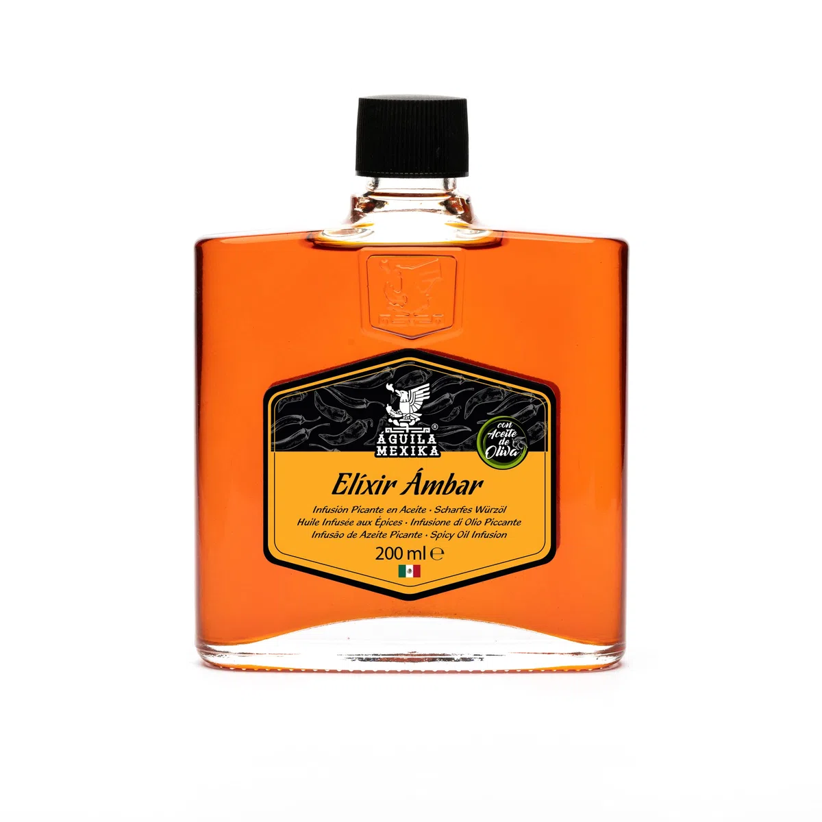 ÁGUILA MEXIKA | Elíxir Ámbar - Infusione naturale di Olio Piccante di 3 varietà di peperoncino messicano: Chipotle, Morita & 'Rojo de Árbol', e Aglio, in Olio Vergine d'Oliva.