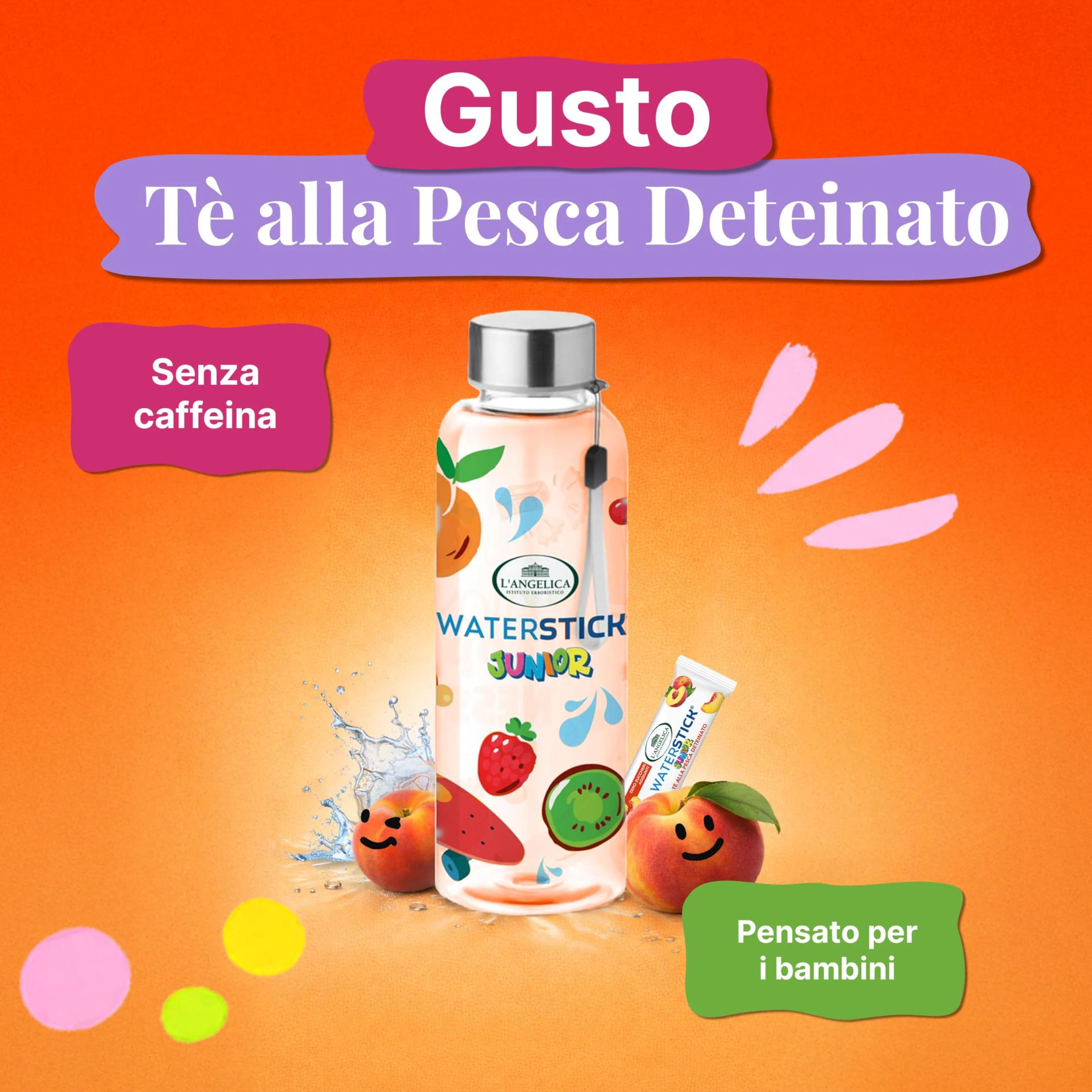 L'Angelica, Waterstick Junior, Gusto Tè alla Pesca Deteinato, Con Frutta, Vitamine, Zero Zuccheri Aggiunti, 6 Astucci da 12 Stick