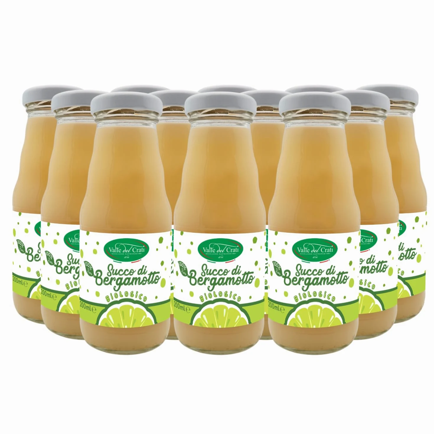 Valle del Crati Succo di Bergamotto BIO Calabrese | 100% Puro | 12 bottiglie da 200ml | senza Zuccheri Aggiunti e senza Conservanti | Bevanda Fresca e Dissetante | Spremuta di Bergamotto Biologico