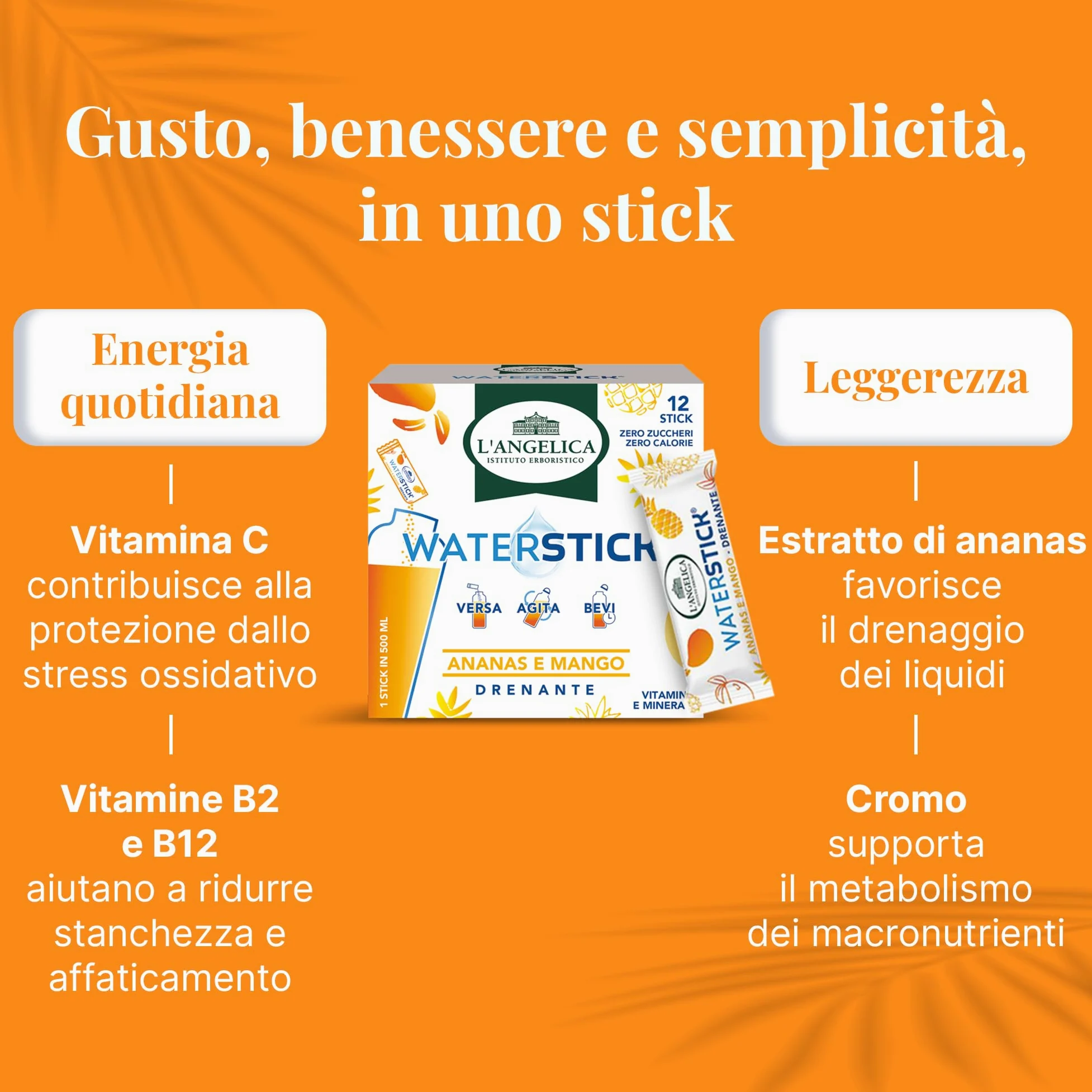 L'Angelica, Waterstick, Gusto Ananas e Mango, Drenante, Con Vitamine e Minerali, Contro Stanchezza e Affaticamento, Zero Zuccheri & Zero Calorie, Senza Conservanti, 6 Astucci da 12 Stick