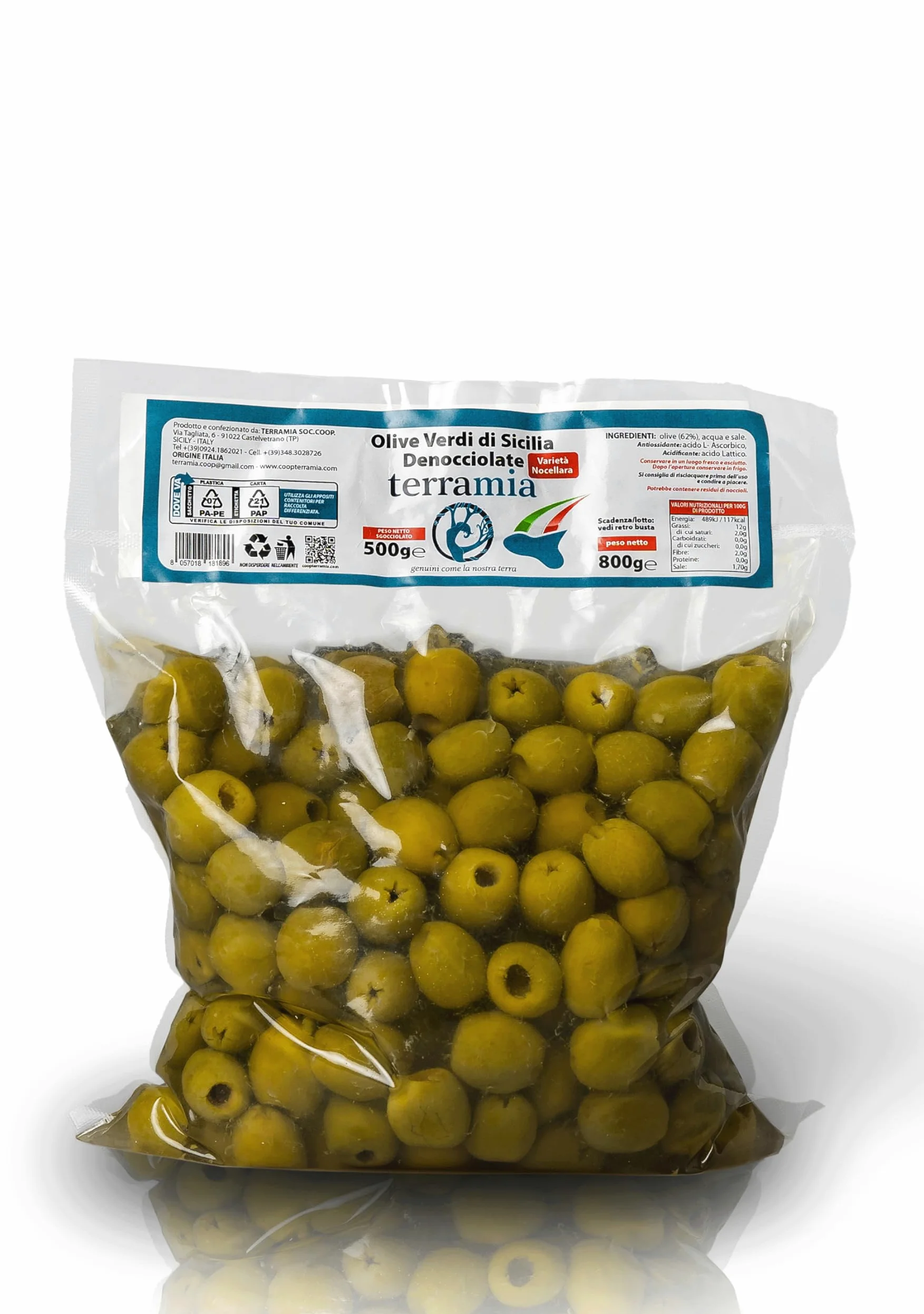 Terramia Olive Verdi Dolci di Sicilia "Nocellara" Denocciolate in Salamoia – Prodotto Artigianale da Azienda Premiata Ercole Olivario e Monna Oliva, Formato Scorta 2kg (4 Buste x 500g)