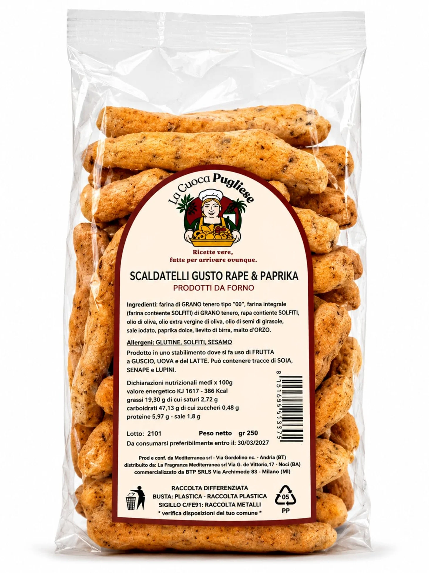 La Cuoca Pugliese - Scaldatelli Rape e Paprika, snack salato artigianale pugliese, prodotti da forno croccanti con farina integrale e spezie, 10 confezioni da 250 g
