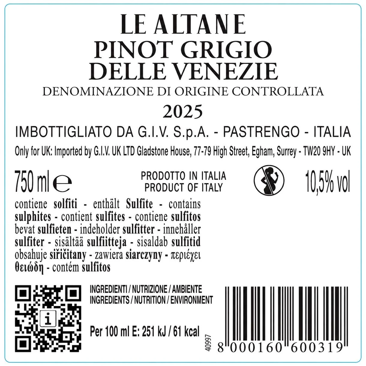 Le Altane Pinot Grigio delle Venezie DOC - Vino Bianco, 750 ml