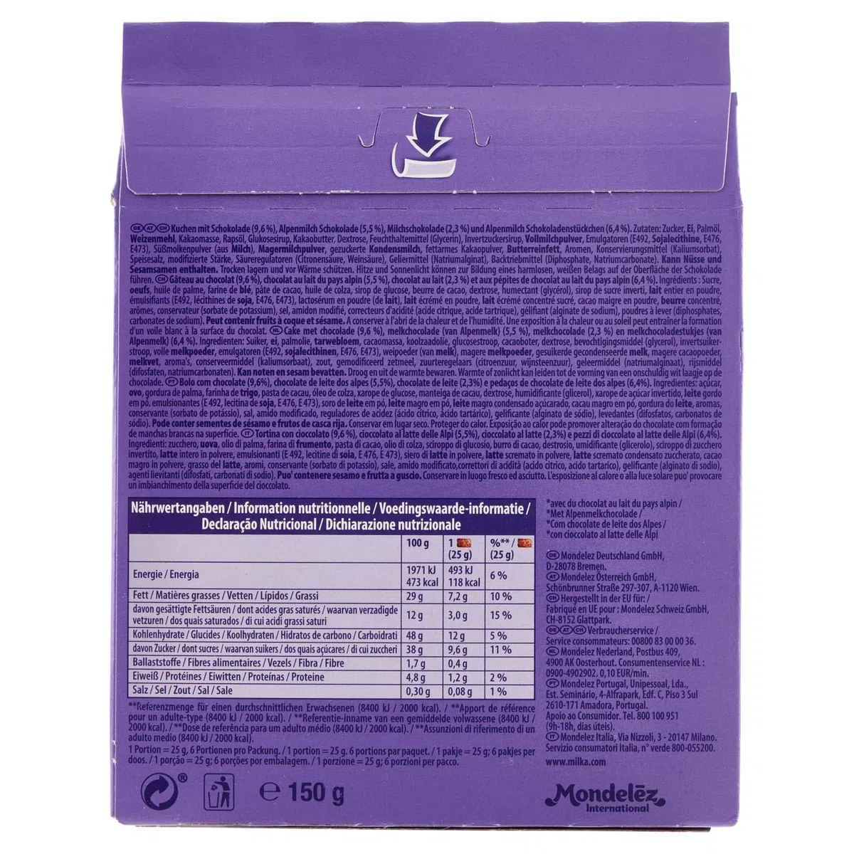 Milka, Choco Brownie, Tortina Soffice e Golosa con Golose Pepite di Cioccolato al Latte e un Cuore di Cioccolato Milka, con Latte Alpino, Cacao Sostenibile, 150g (6 merende da 25g) (Confezione da 6)