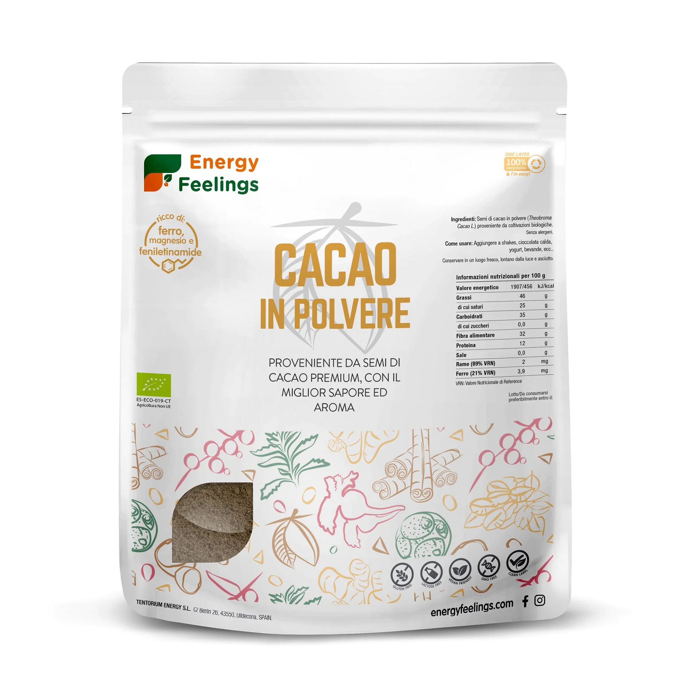 Energy Feelings Cacao Crudo BIO in Polvere 1 Kg, Cacao Sgrassato senza Zucchero, Glutine nè Lattosio, Vegano, Antiossidante