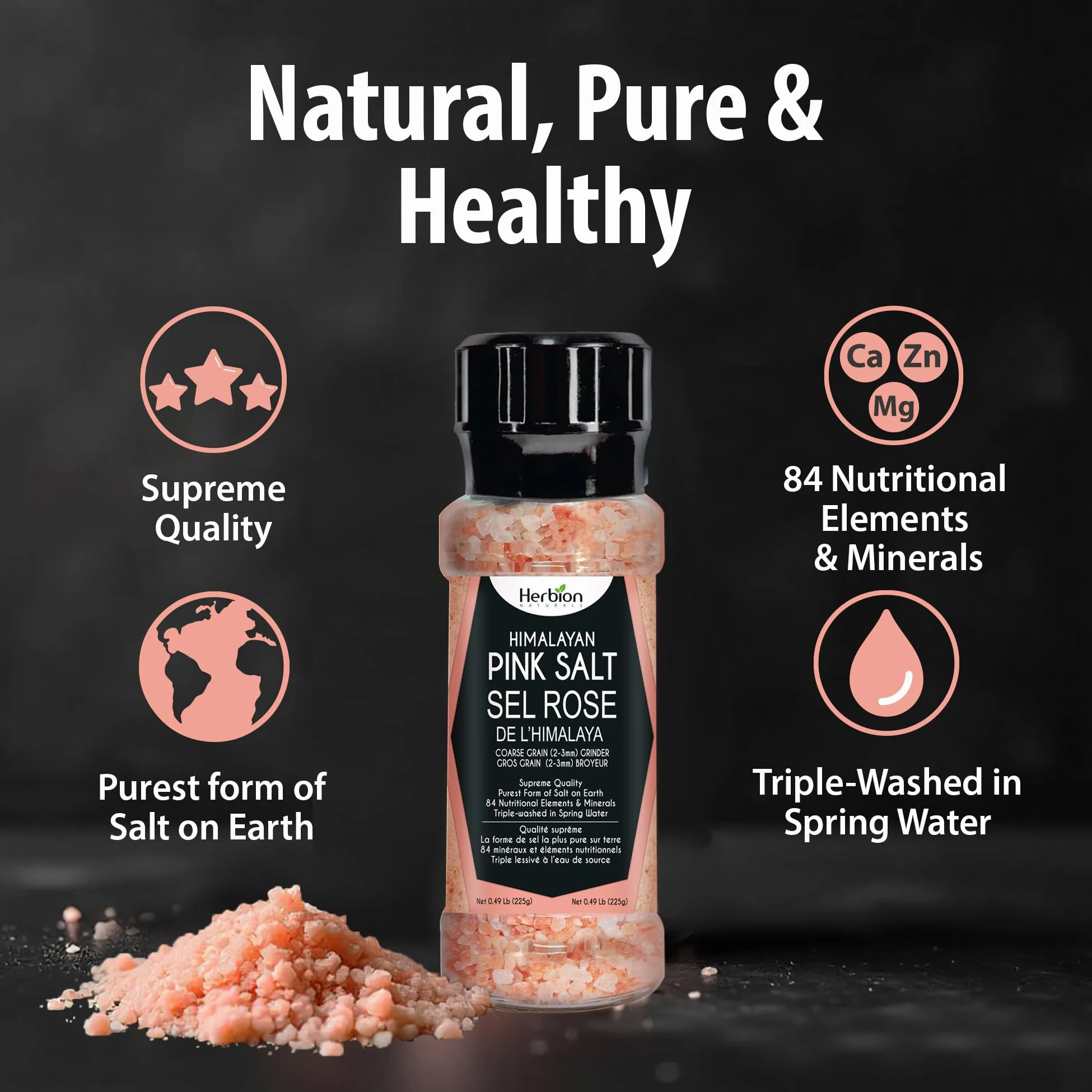 Herbion Naturals Himalayan Pink Salt Grinder a grana grossa, 225 grammi, facile da usare, qualità suprema, forma più pura di sale (confezione da 1)