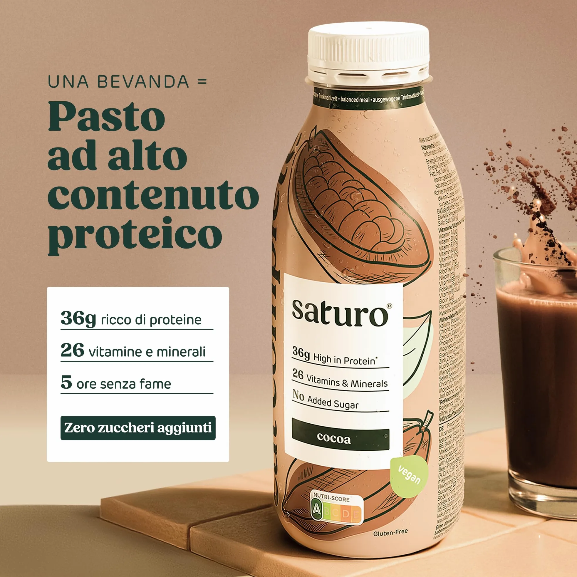 Saturo Pasto Sostitutivo Frullato Gusto Cocoa | 36 g di proteine & senza zucchero | 400 kcal | Vegano | Pasto Bevibile con Nutrienti Essenziali | Cioccolato | 6 x 400 ml