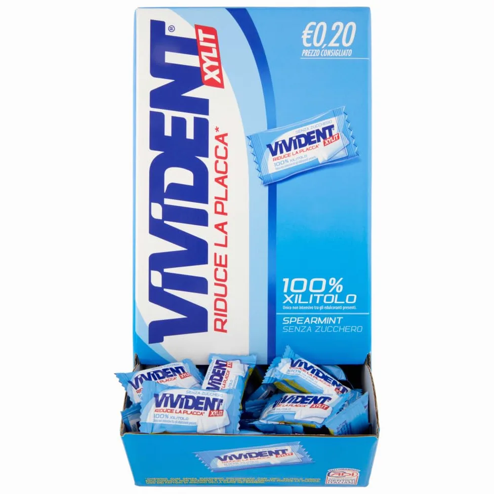 Vivident Xylit, Chewing Gum, Gusto Menta, Senza Zucchero, Senza Glutine, Confezione da 200 Gomme da Masticare Ripiene Monoporzione, Incartate Singolarmente,da Condividere, Feste, Compleanni