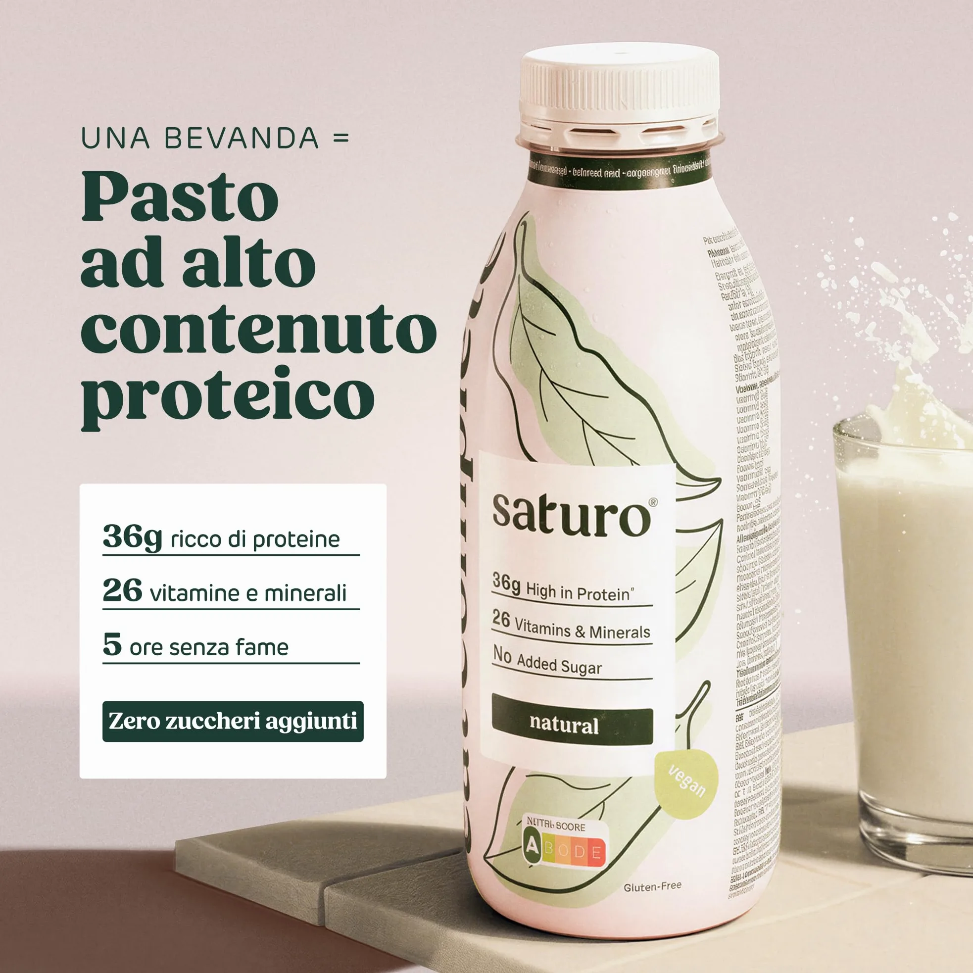Saturo Pasto Sostitutivo Frullato Gusto Natural | 36 g di proteine & senza zucchero | 400 kcal | Vegano | Pasto Bevibile con Nutrienti Essenziali | 6 x 400 ml