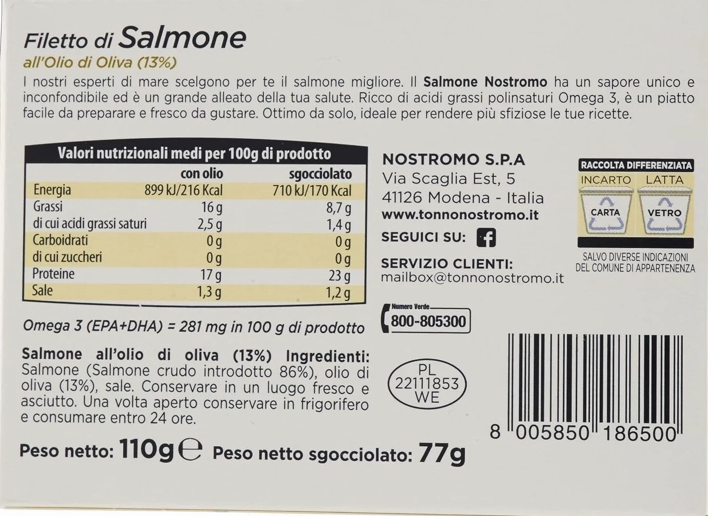 5x Nostromo Filetto di Salmone Olio di Oliva,Pesce in Scatola,Lattina da 110g + 1 Confezione di Talco Felce Azzurra in omaggio, Busta da 100g