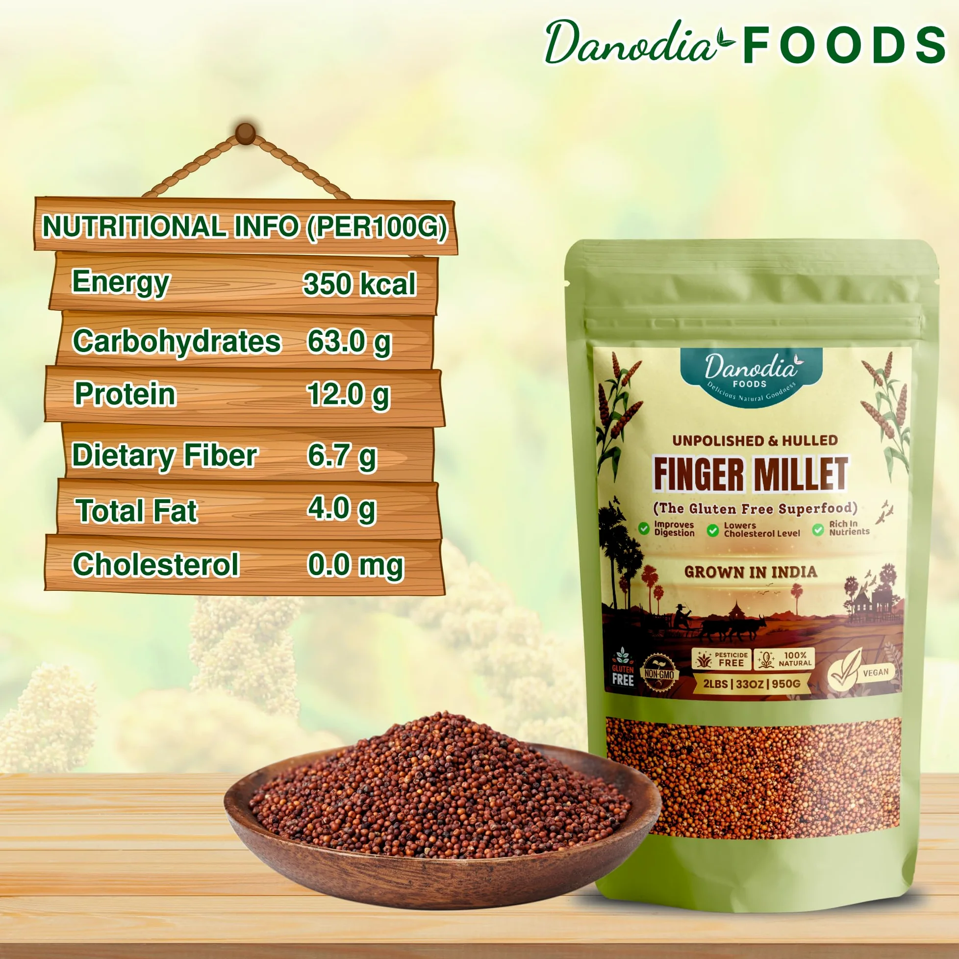 Danodia Foods Miglio Indiano Finger Millet/Ragi (2lbs | 950g | 33oz) | Miglio Rosso Decorticato Integrale, Non Lavorato, Senza Glutine, Superfood a Chicco Intero (Scansiona il QR per nuove ricette)