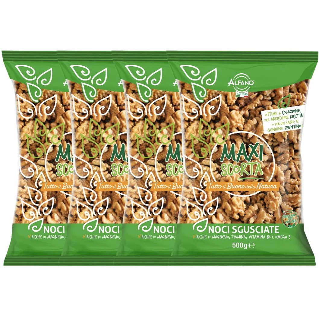 Alfano dal 1940 Noci Sgusciate Maxi Scorta 500g Ricche di Magnesio, Tiamina, Vitamina B6 e Omega 3 Snack Ideale per una Dieta Equilibrata e Vegana (4 Pezzi)