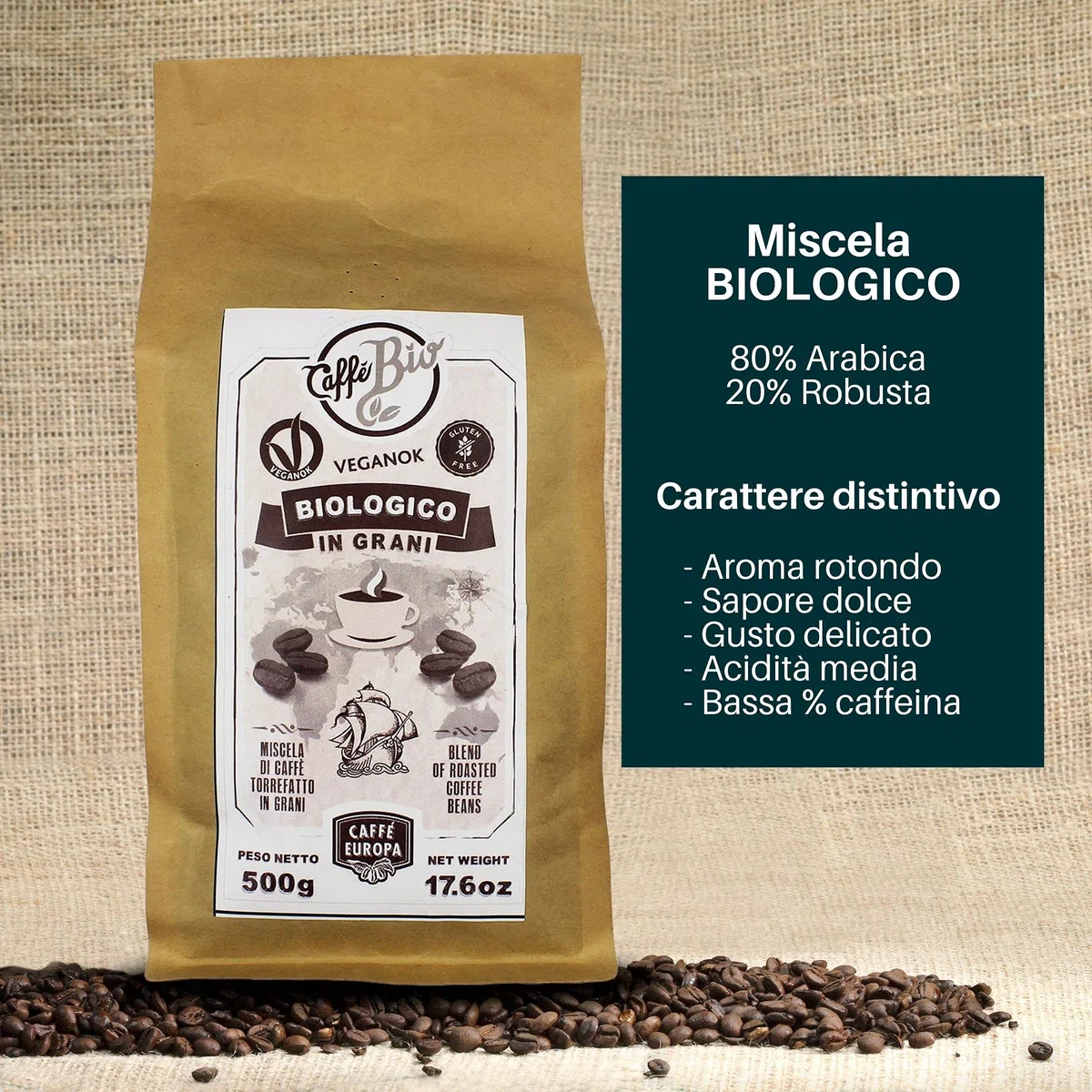 Caffè Europa - Caffè Biologico in Grani Ottenuto Attraverso Tostatura Artigianale, Caffe Vegano e Gluten Free, Miscela 80%Arabica- 20%Robusta, 1kg