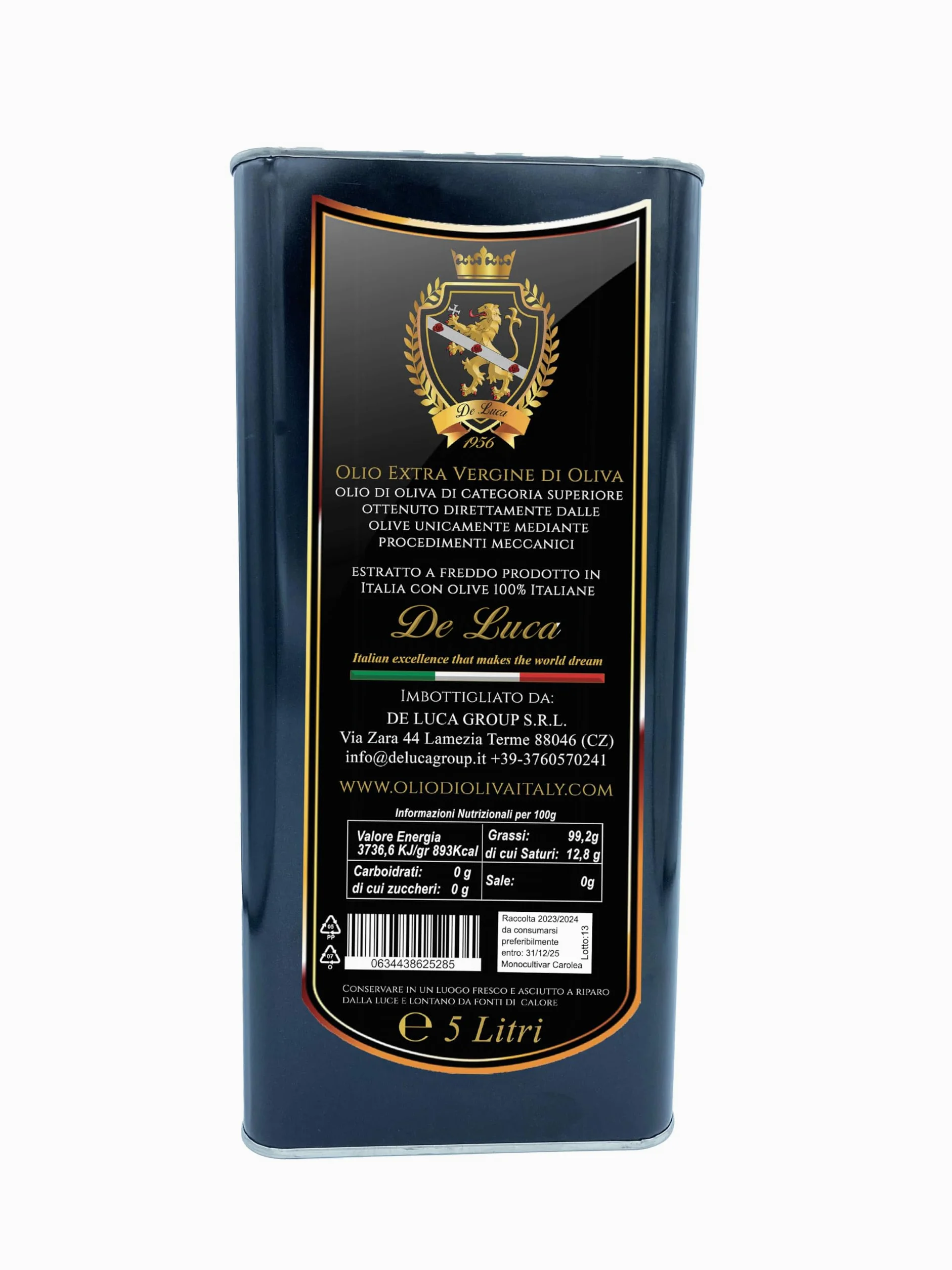 Olio Extravergine Di Oliva Evo 100% Italiano Monocoltura Carolea Estratto a Freddo Made In Italia De Luca L'eccellenza Italiana Che Fa Sognare Il Mondo (5 Litri)