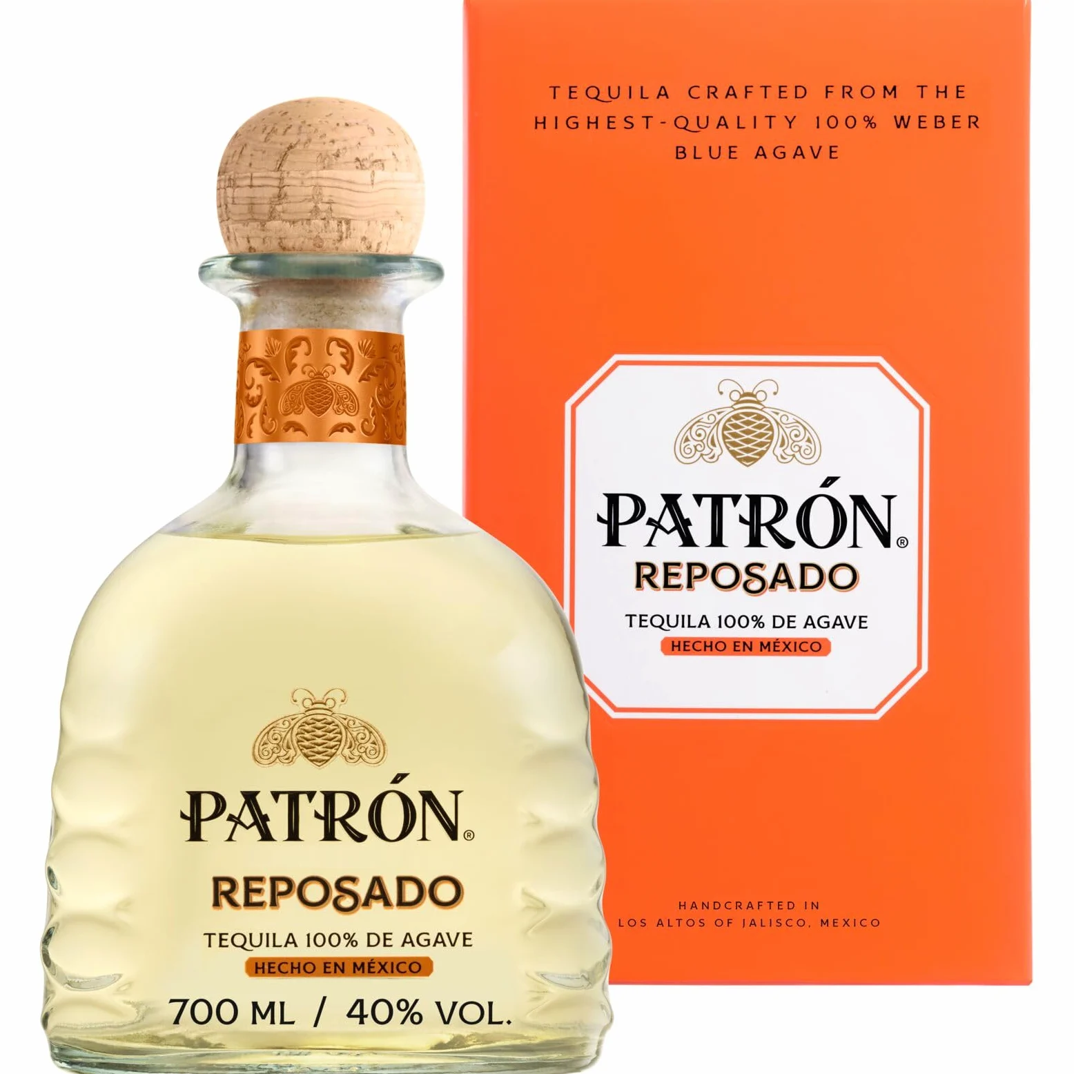 PATRÓN Reposado Premium Tequila, Vol. 40%, 70 cl / 700 ml, creata in Messico in piccoli lotti a partire dal 100% della migliore agave Weber Blue, invecchiata per oltre 2 mesi in botti di rovere