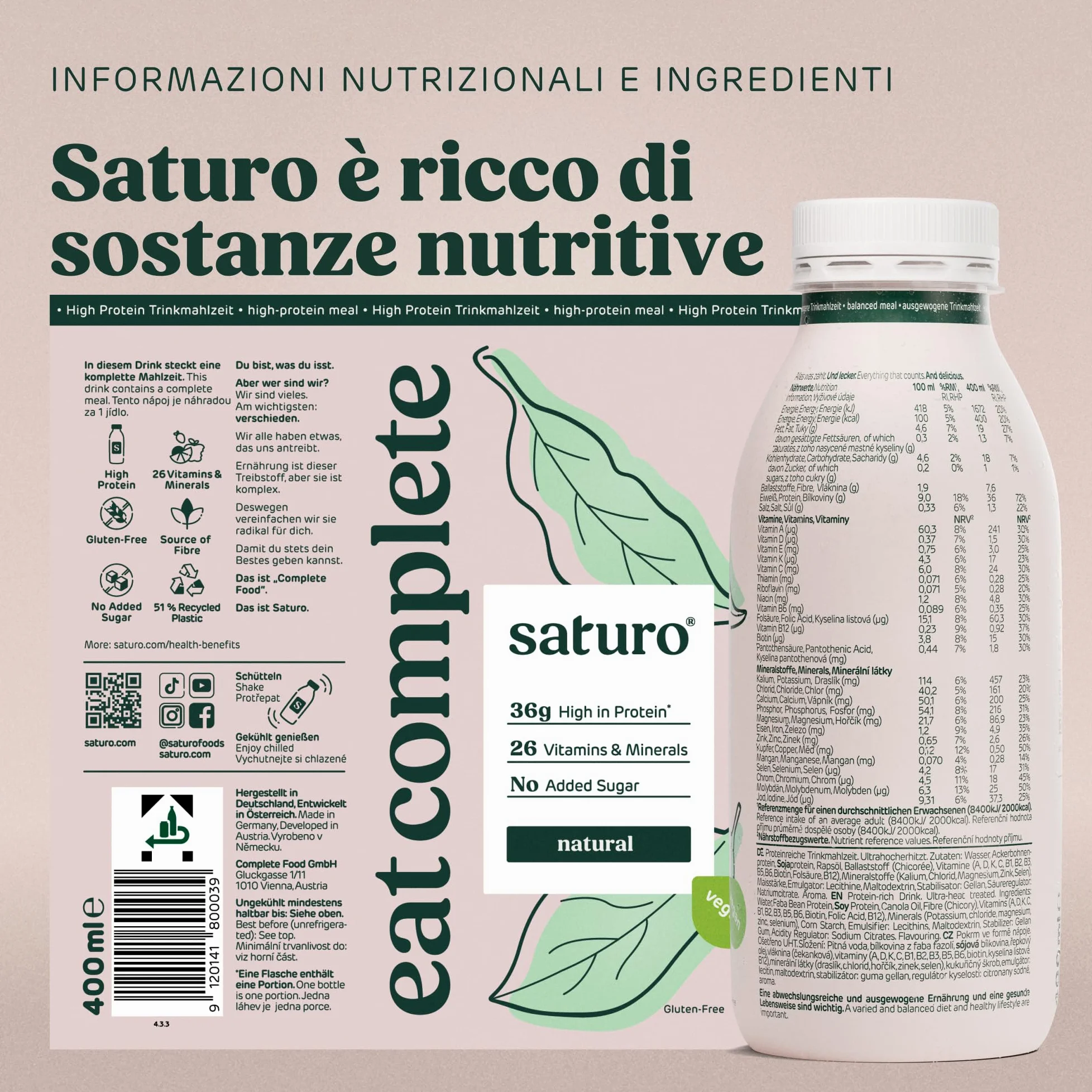 Saturo Pasto Sostitutivo Frullato Gusto Natural | 36 g di proteine & senza zucchero | 400 kcal | Vegano | Pasto Bevibile con Nutrienti Essenziali | 6 x 400 ml