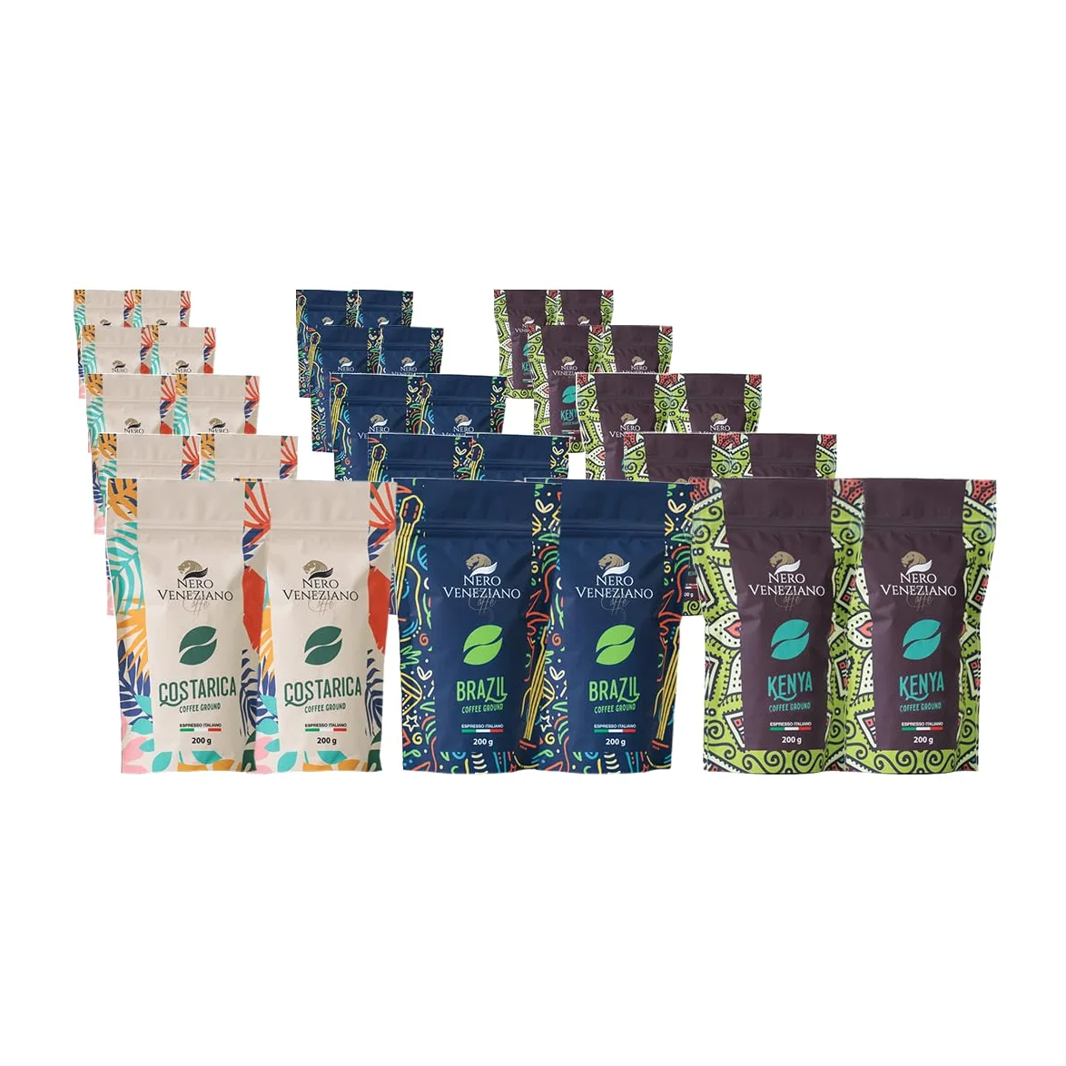 Nero Veneziano Collection, Kit Degustazione - Brazil, Costa Rica & Kenya, Caffè Premium Mcinato 30x200 g, Tostatura Media, Artigianale Italiano, Per MOKA