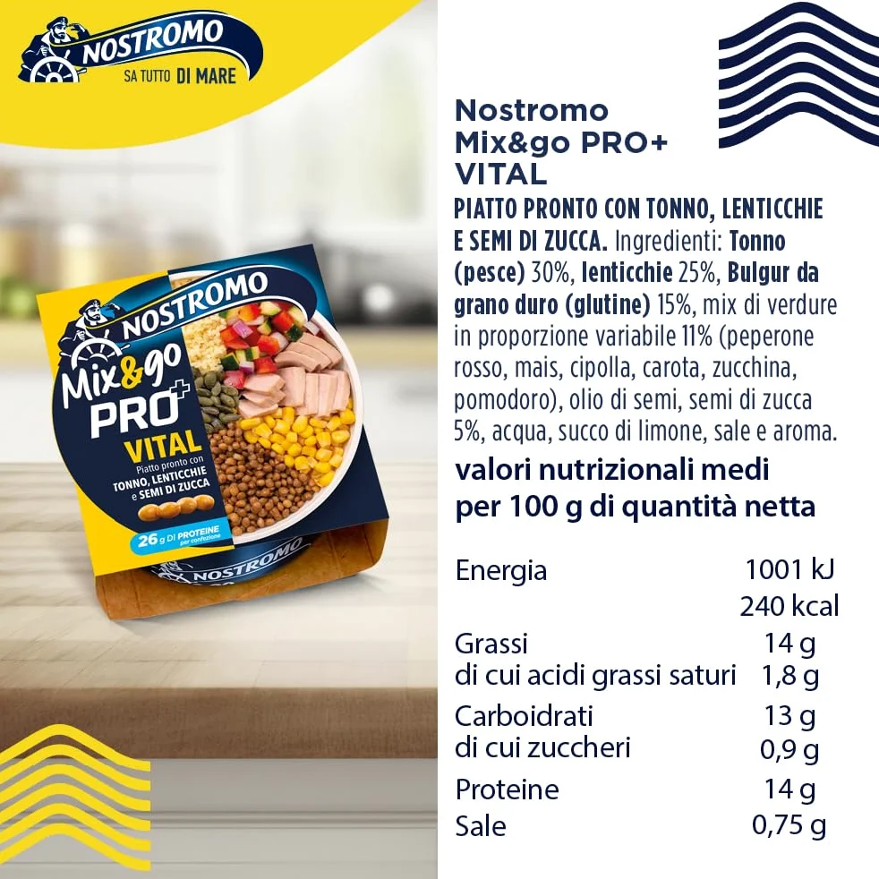 Nostromo - Mix&Go VITAL PRO+ Tonno con Lenticchie, Bulgur, Verdure e Semi di Zucca – Piatto Pronto Equilibrato, Ricco di Fibre e Proteine – 12 Confezioni da 190g