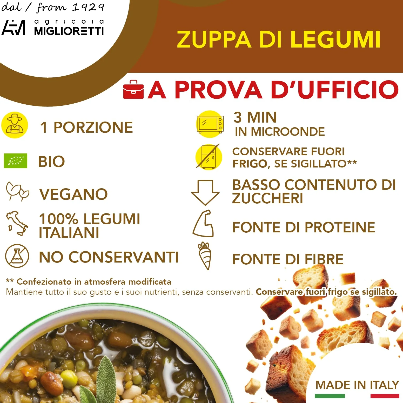 Agricola Miglioretti Zuppa Biologica di Ceci e Cavolo Nero Pronta in 3 Minuti - Vegana, Senza Glutine e Senza Conservanti per un Pasto Sano e Delizioso - 6 porzioni