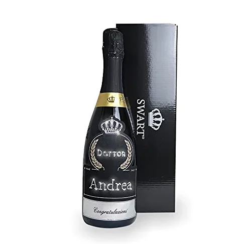 Bottiglia per Festa di Laurea PERSONALIZZABILE - Bottiglia regalo spumante italiano 0,75L con scritta Auguri Dottore in autentici cristalli e possibilità di personalizzare il nome (AUGURI DOTTORE)