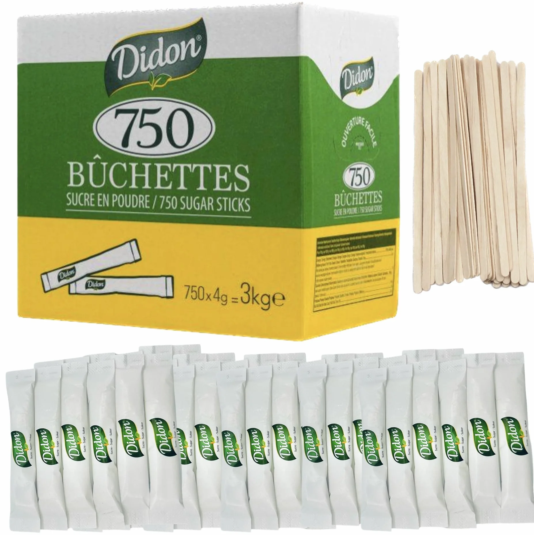 DIDON - 750 bustine di zucchero da 4g (3kg) con palette in legno in omaggio – Ideali per bevande calde - bustine zucchero monodose - Zucchero bianco - Sugar