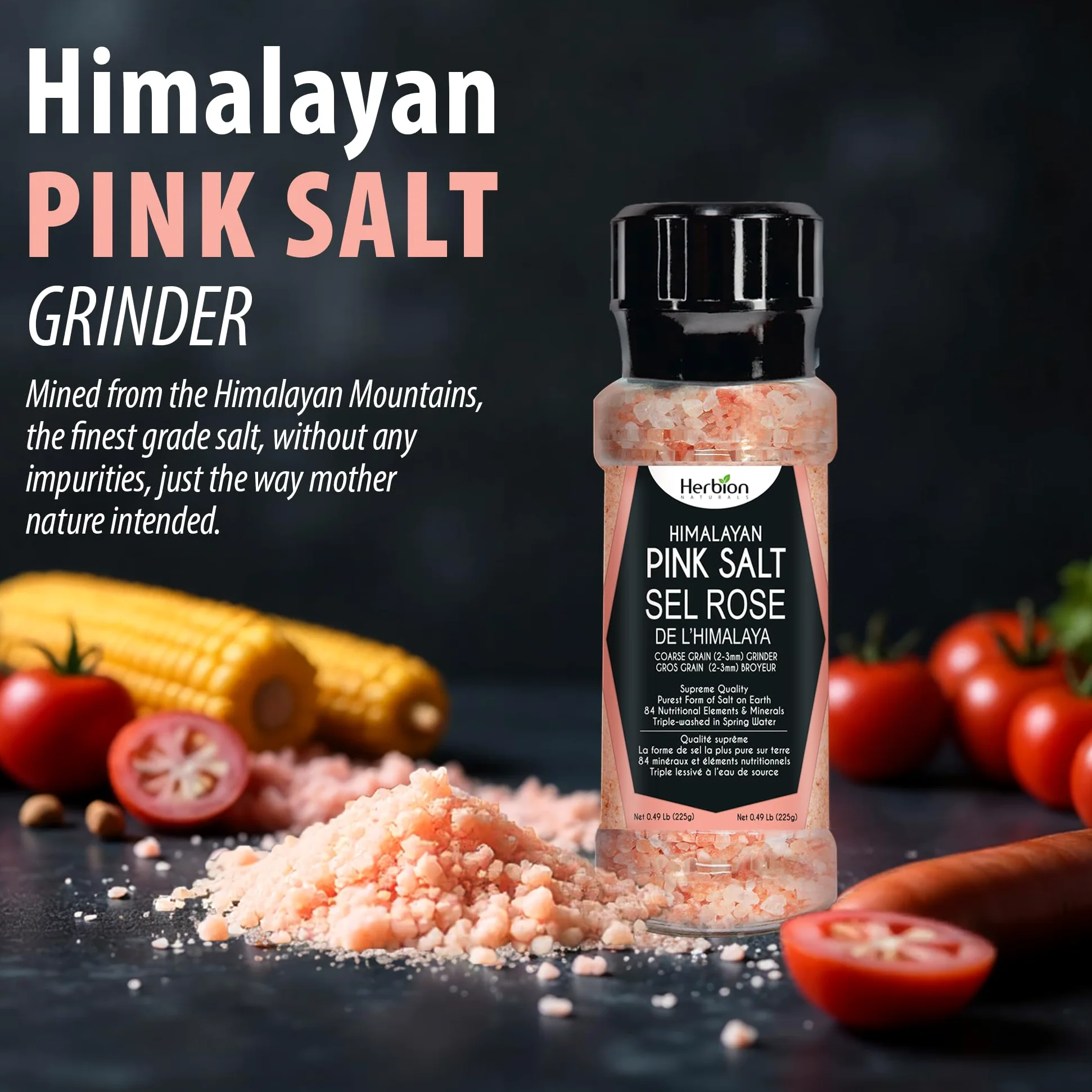 Herbion Naturals Himalayan Pink Salt Grinder a grana grossa, 225 grammi, facile da usare, qualità suprema, forma più pura di sale (confezione da 1)