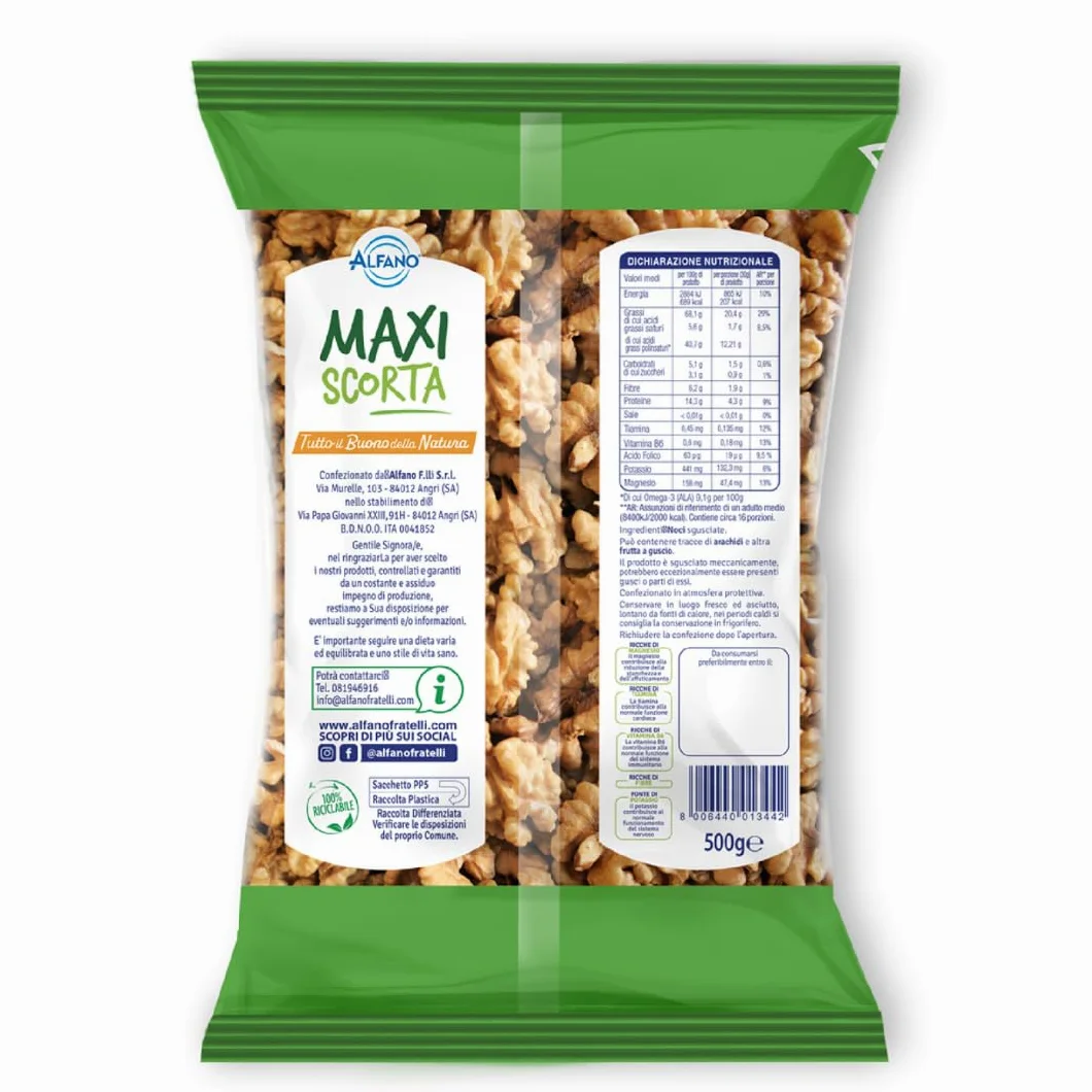 Alfano dal 1940 Noci Sgusciate Maxi Scorta 500g Ricche di Magnesio, Tiamina, Vitamina B6 e Omega 3 Snack Ideale per una Dieta Equilibrata e Vegana (4 Pezzi)