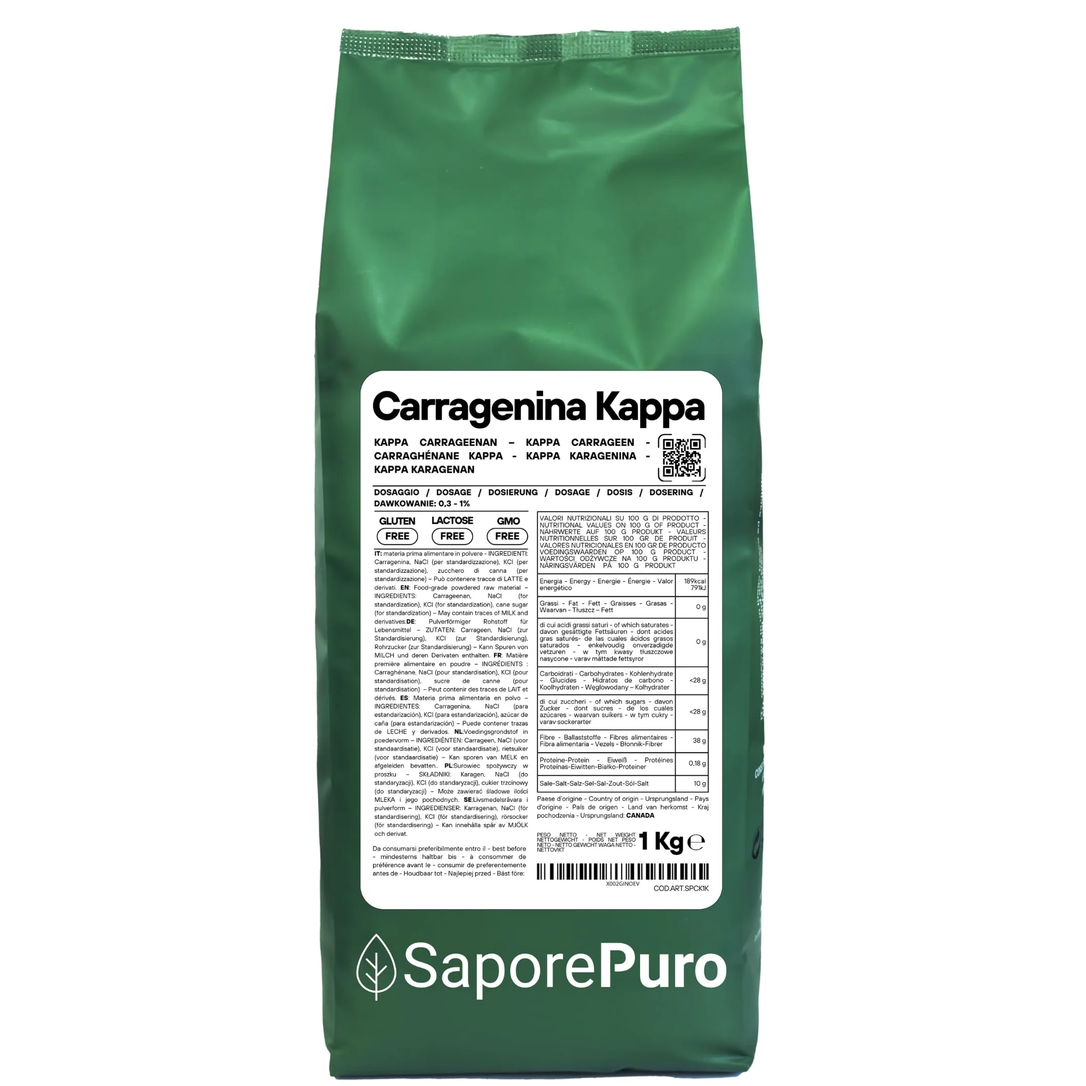 SaporePuro Carragenina Kappa in Polvere 1000 g – Senza Glutine – Gelificante e Stabilizzante per Preparazioni Salate, Carni, Gelatine e Dessert